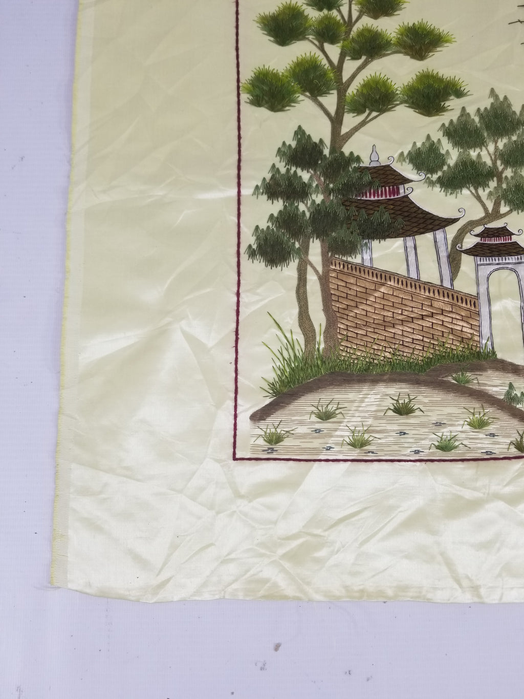 Vintage Chinese Hand Embroidered Silk Pagoda Landscape Silk Tapestry 61x54cm
