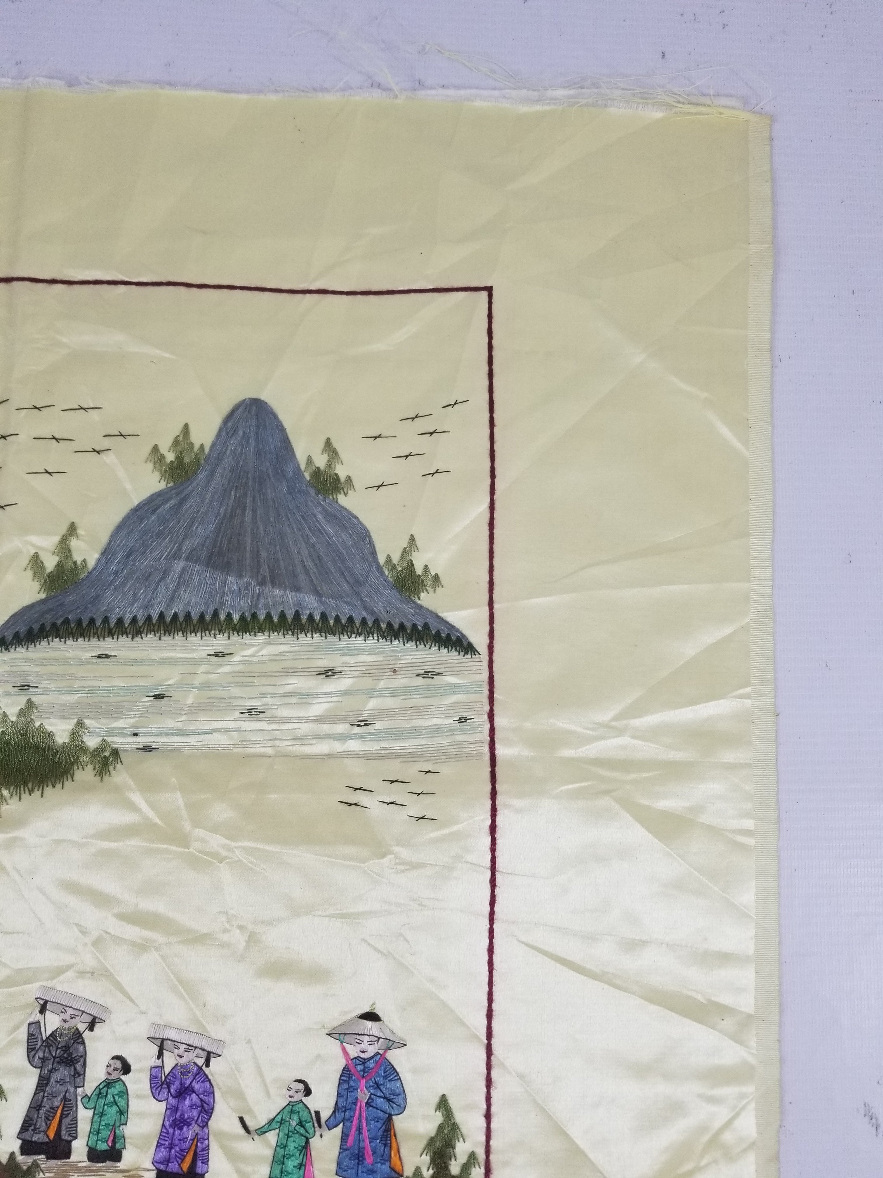 Vintage Chinese Hand Embroidered Silk Pagoda Landscape Silk Tapestry 61x54cm
