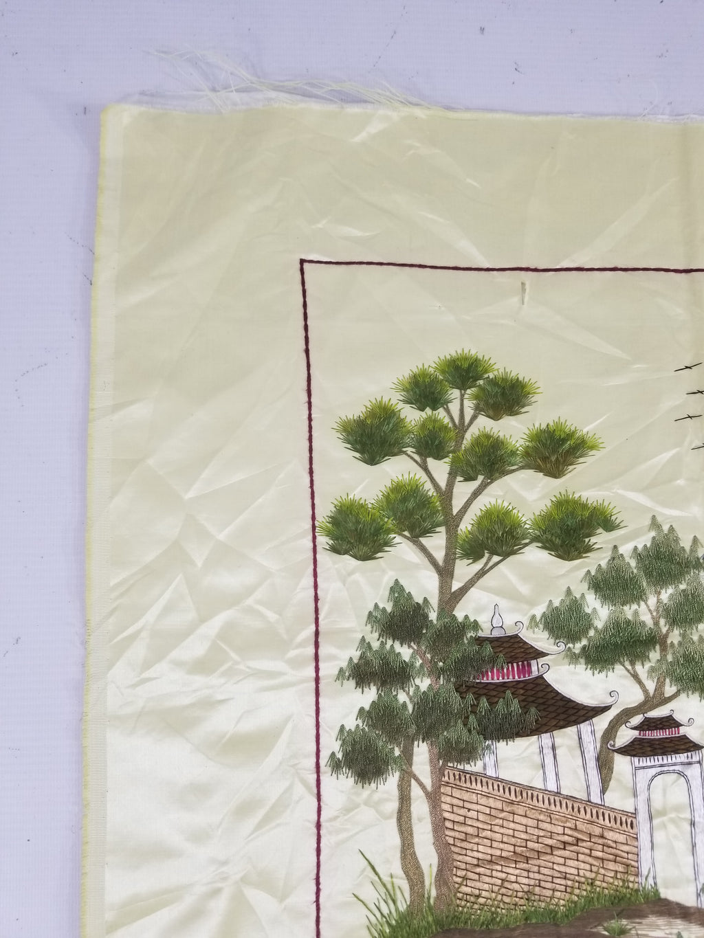 Vintage Chinese Hand Embroidered Silk Pagoda Landscape Silk Tapestry 61x54cm