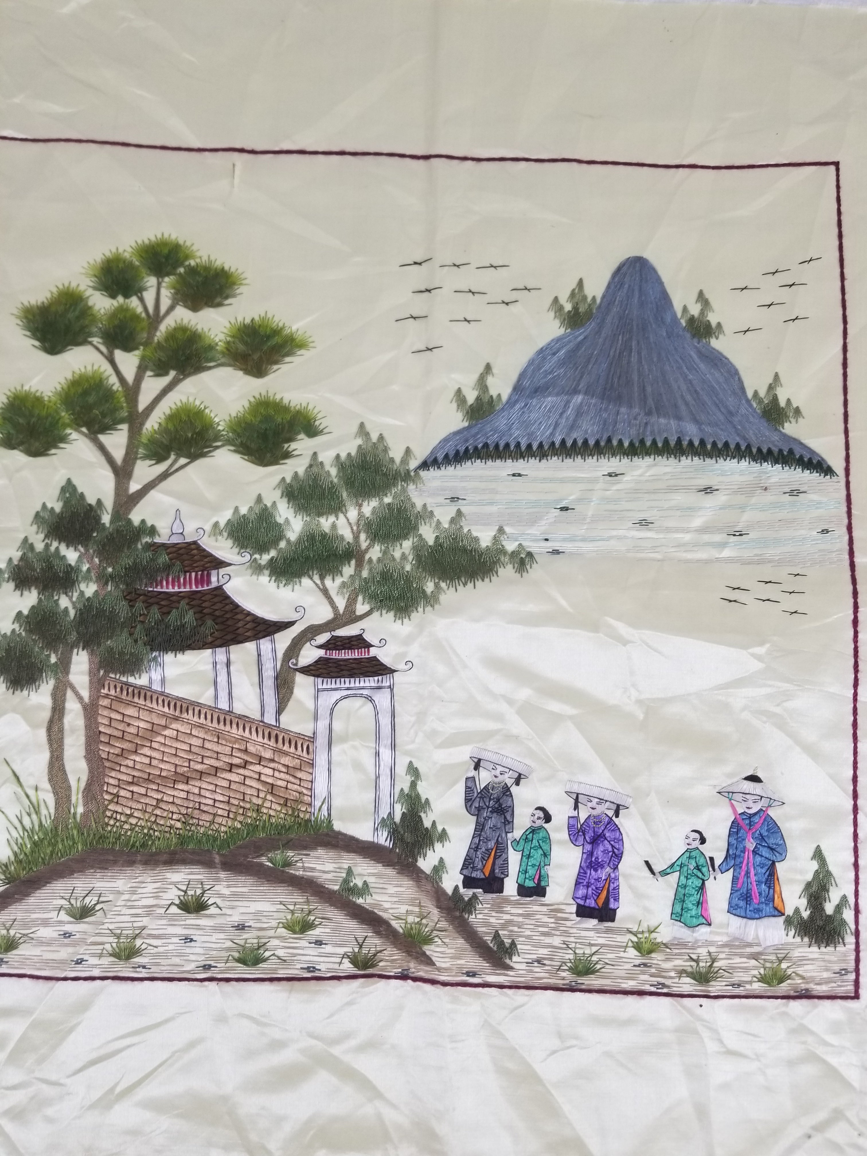 Vintage Chinese Hand Embroidered Silk Pagoda Landscape Silk Tapestry 61x54cm