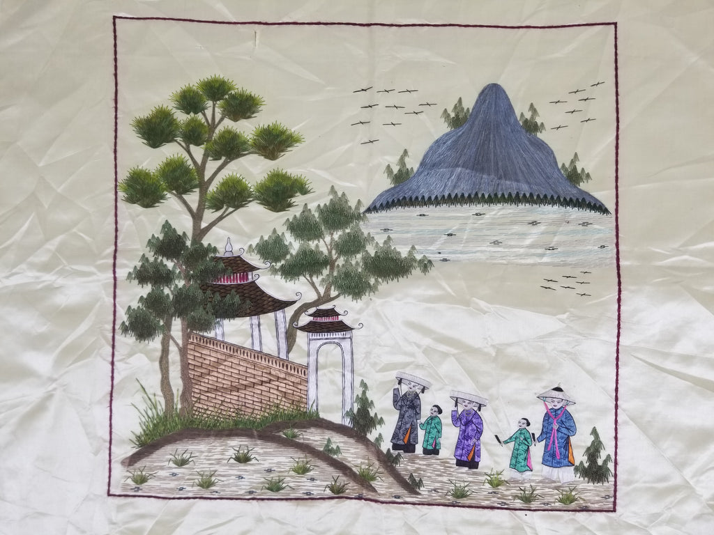 Vintage Chinese Hand Embroidered Silk Pagoda Landscape Silk Tapestry 61x54cm