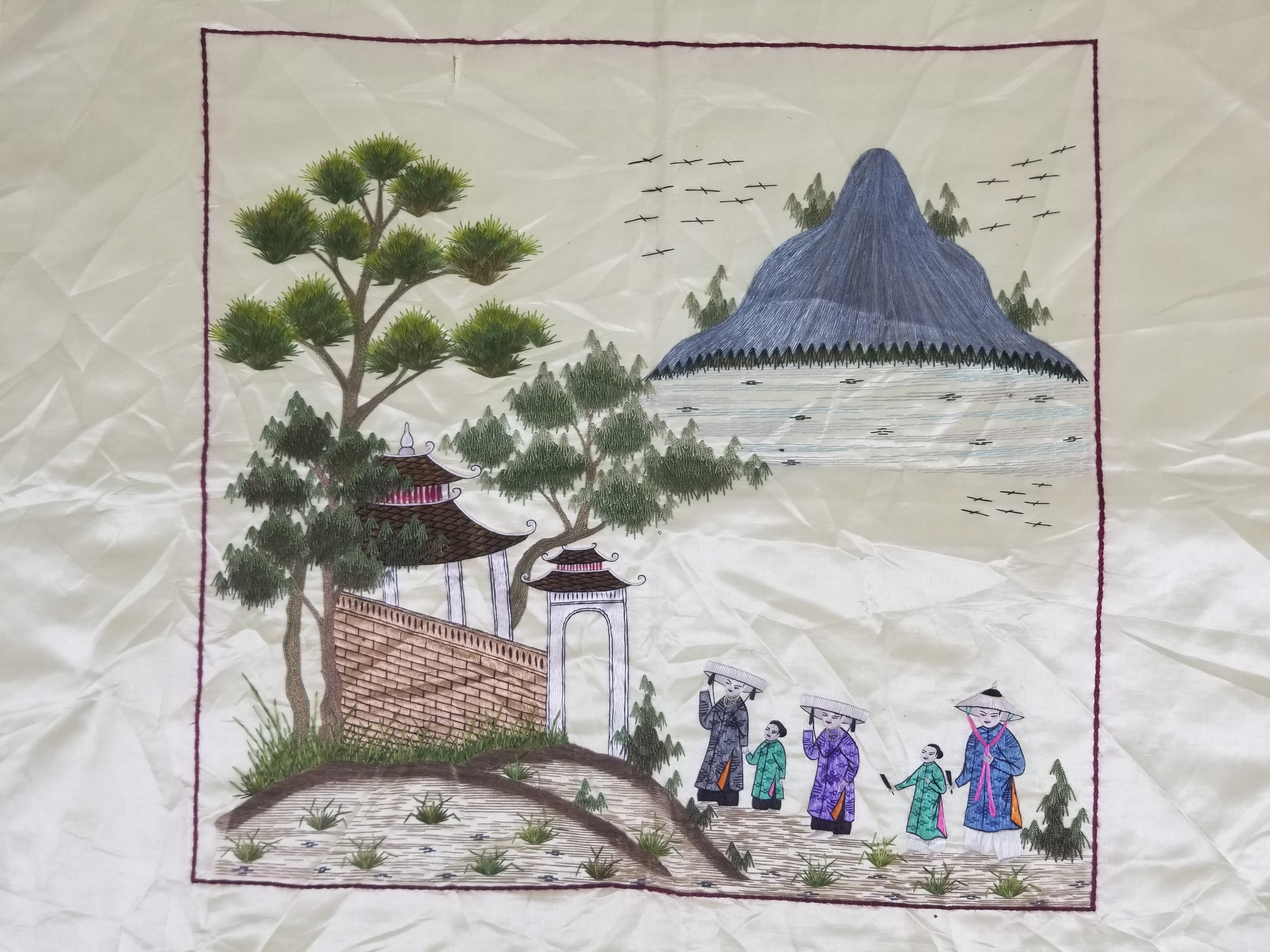 Vintage Chinese Hand Embroidered Silk Pagoda Landscape Silk Tapestry 61x54cm