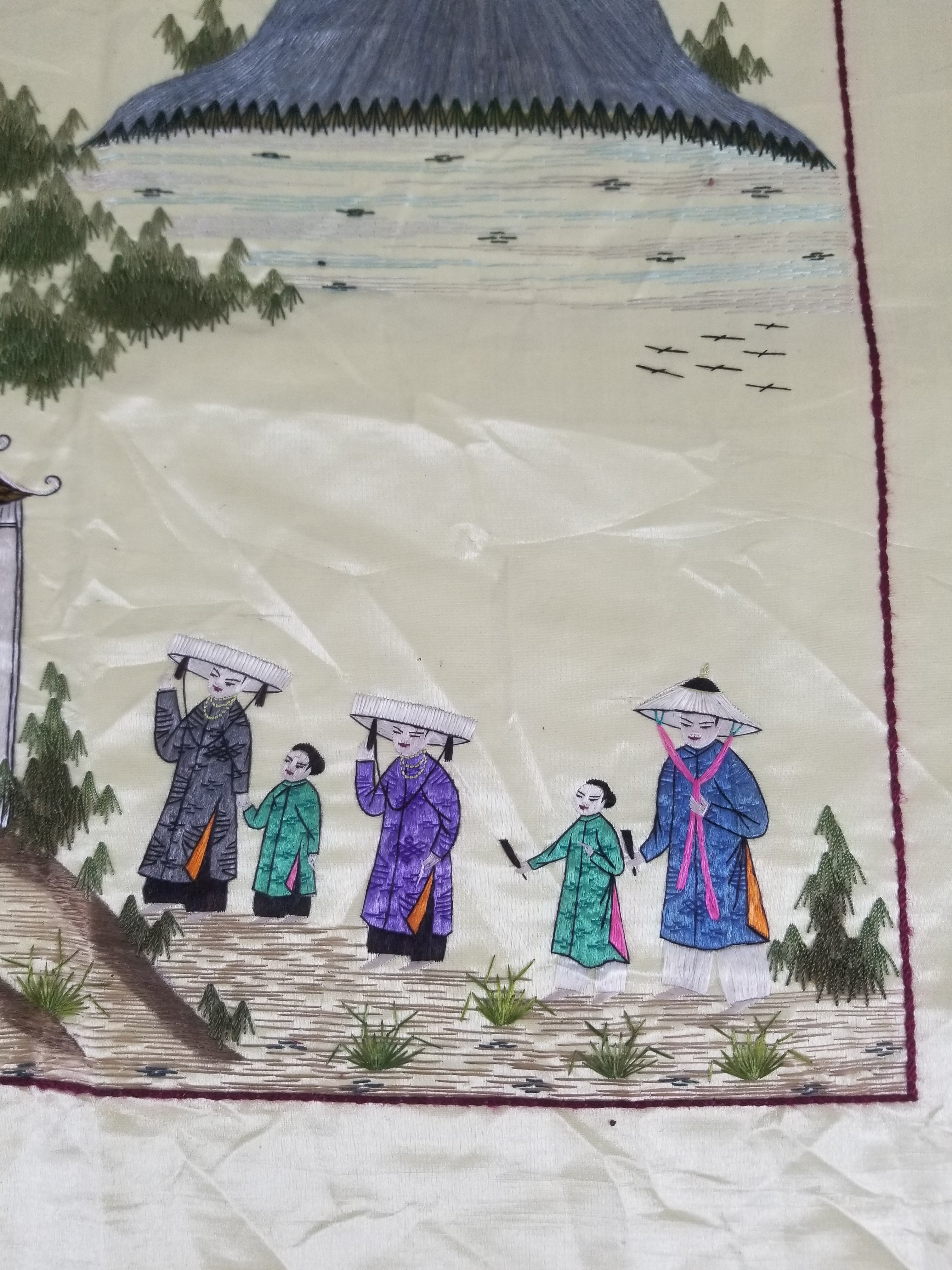 Vintage Chinese Hand Embroidered Silk Pagoda Landscape Silk Tapestry 61x54cm