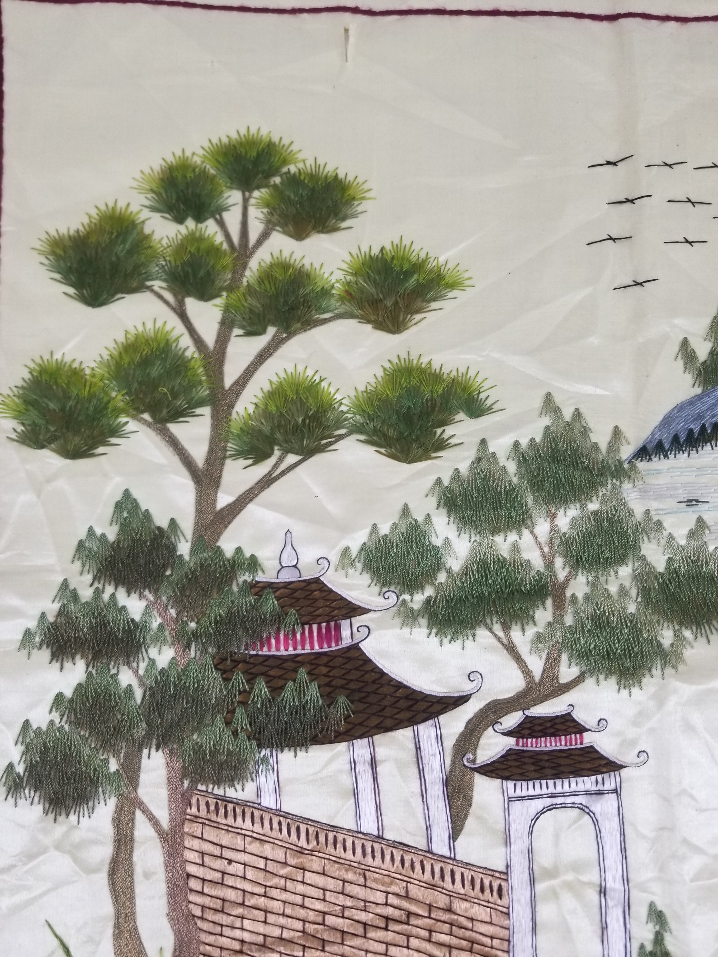 Vintage Chinese Hand Embroidered Silk Pagoda Landscape Silk Tapestry 61x54cm
