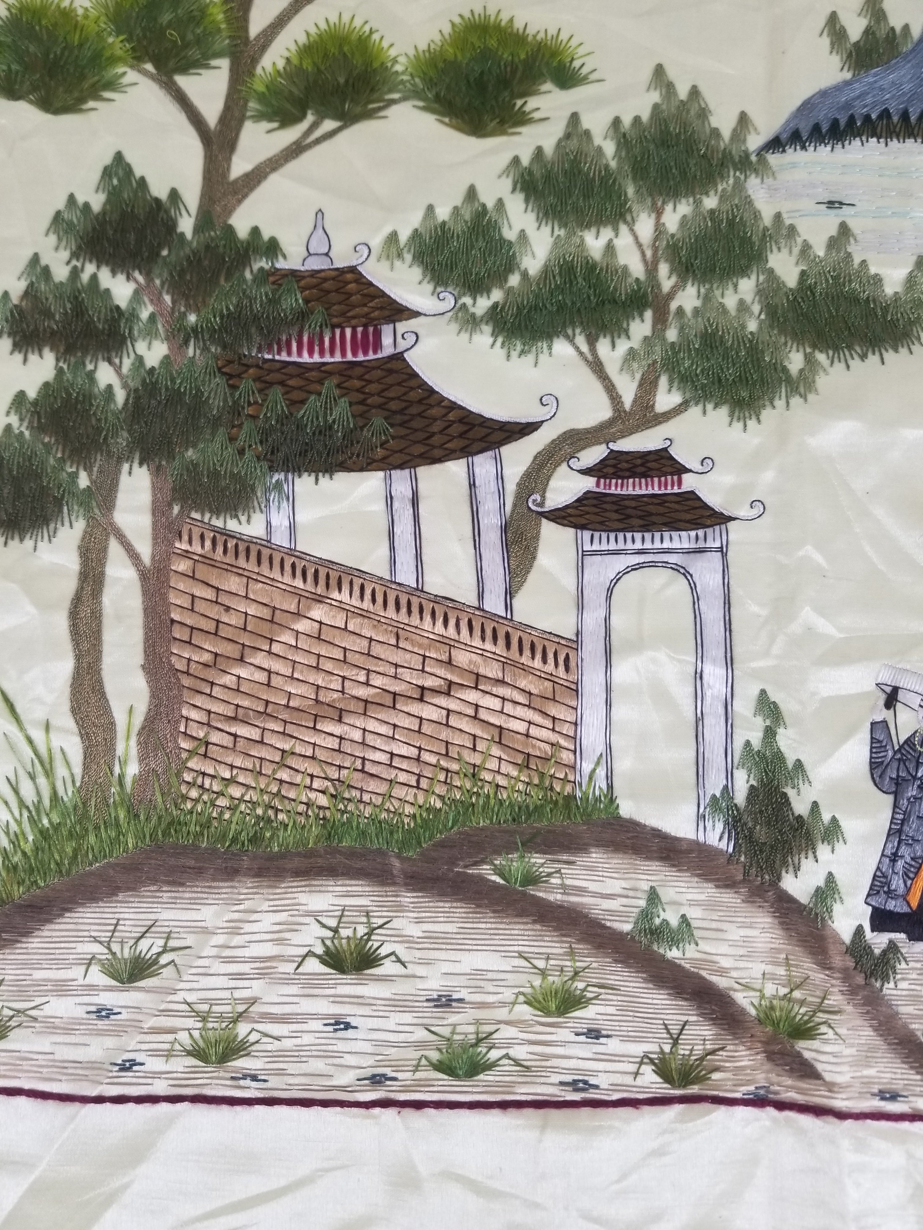 Vintage Chinese Hand Embroidered Silk Pagoda Landscape Silk Tapestry 61x54cm