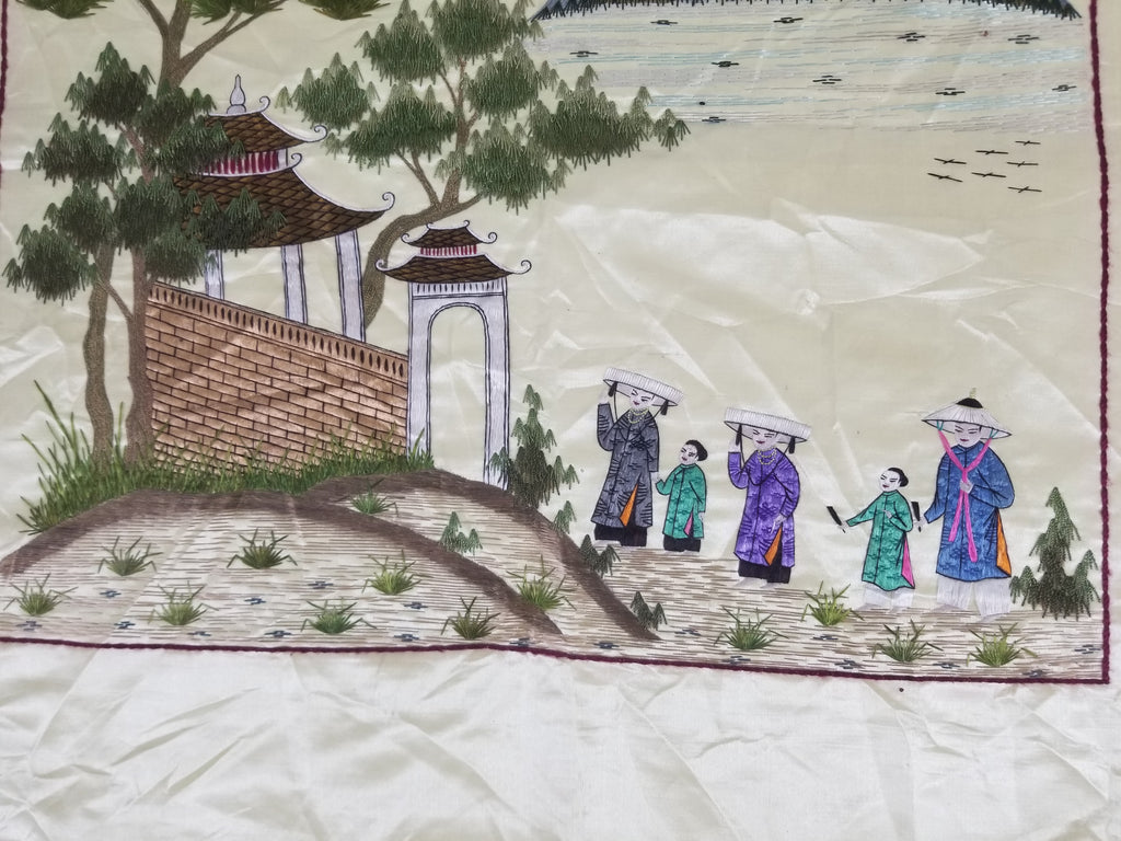 Vintage Chinese Hand Embroidered Silk Pagoda Landscape Silk Tapestry 61x54cm