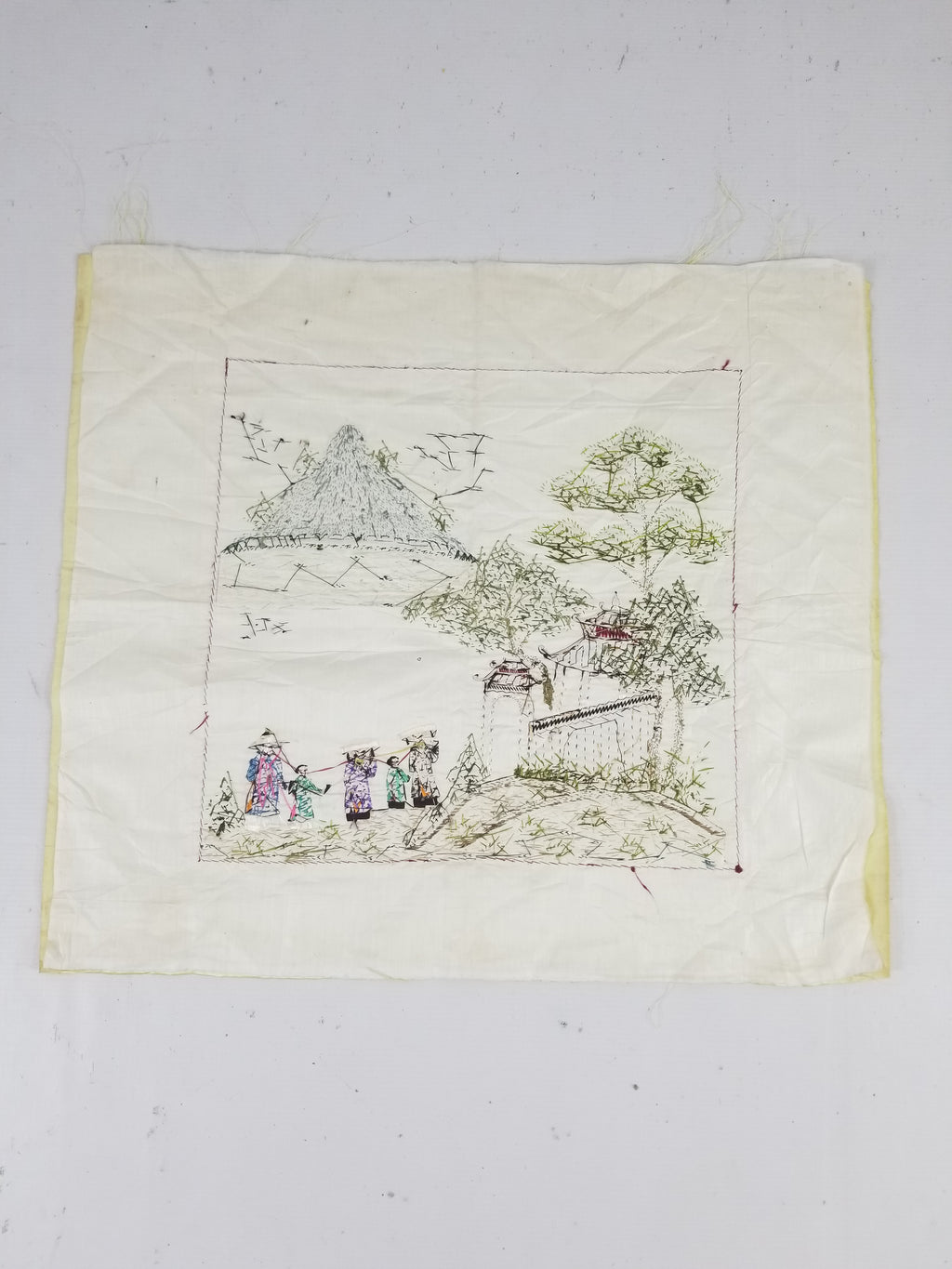 Vintage Chinese Hand Embroidered Silk Pagoda Landscape Silk Tapestry 61x54cm