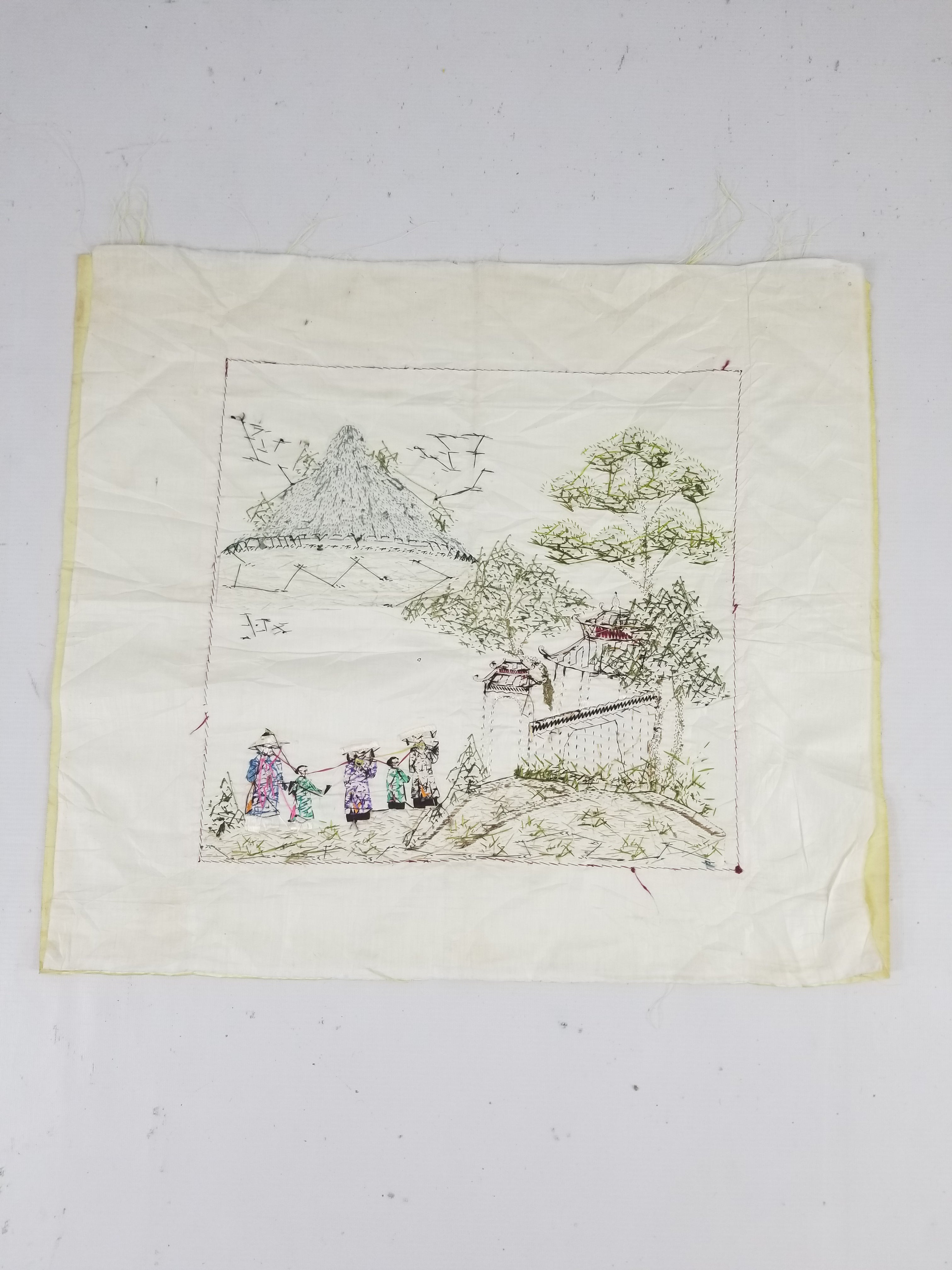 Vintage Chinese Hand Embroidered Silk Pagoda Landscape Silk Tapestry 61x54cm