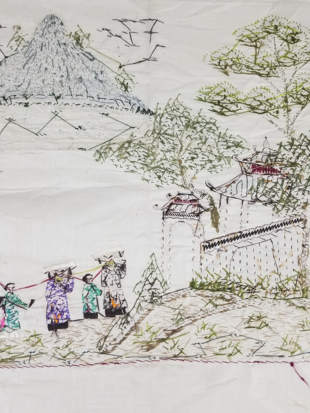 Vintage Chinese Hand Embroidered Silk Pagoda Landscape Silk Tapestry 61x54cm