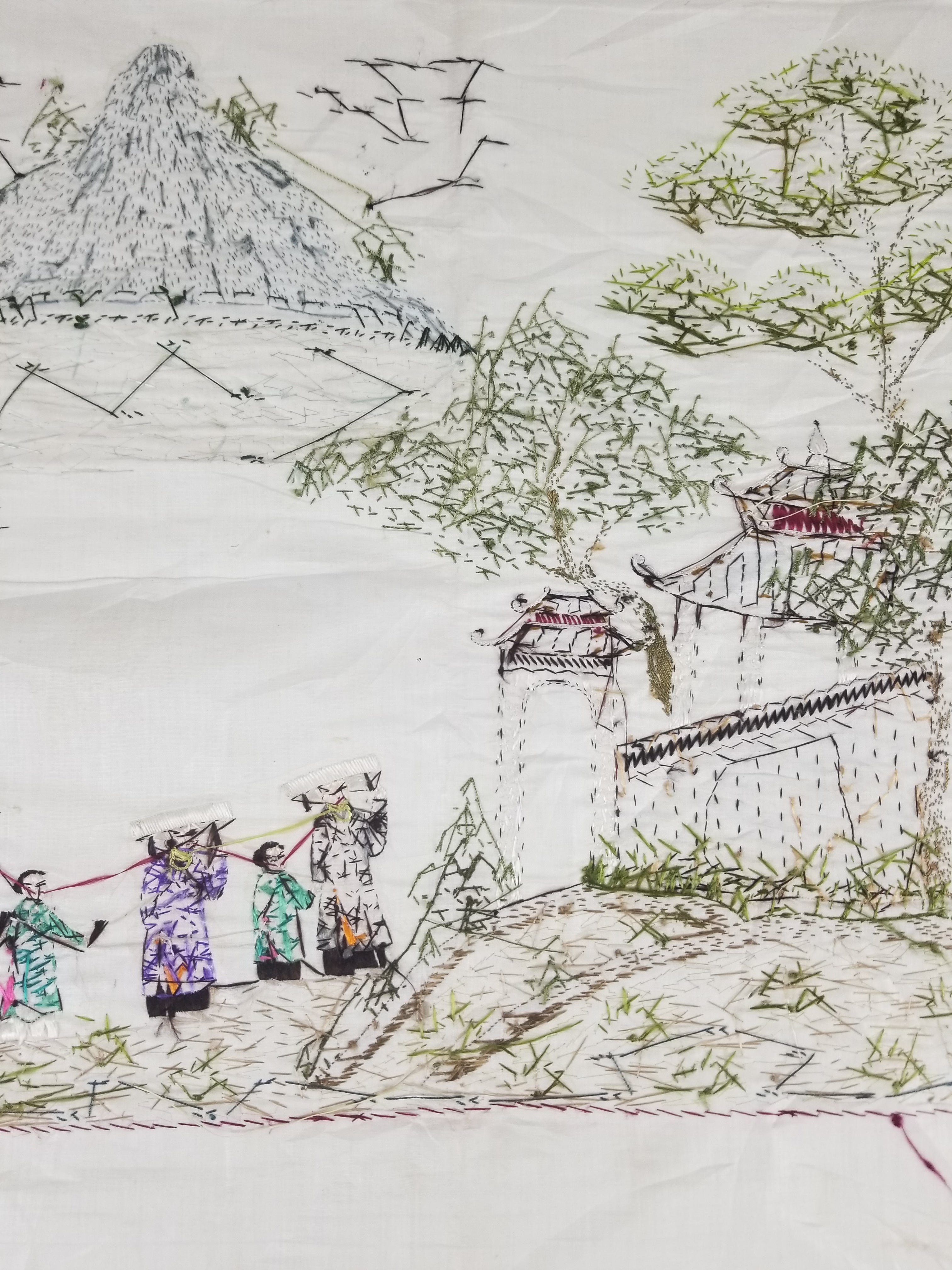 Vintage Chinese Hand Embroidered Silk Pagoda Landscape Silk Tapestry 61x54cm