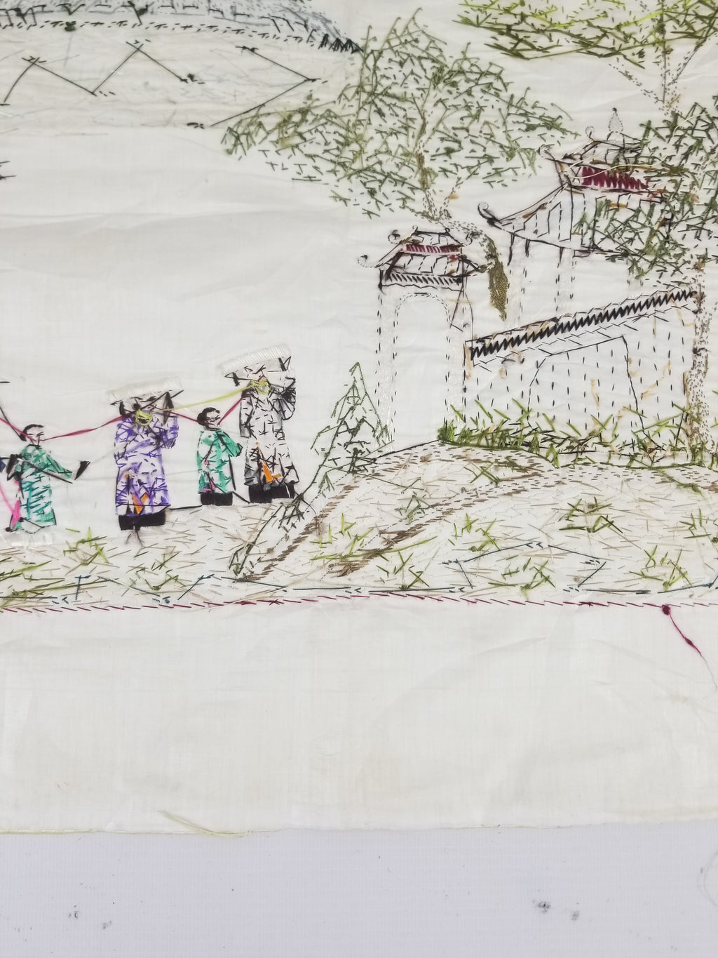Vintage Chinese Hand Embroidered Silk Pagoda Landscape Silk Tapestry 61x54cm