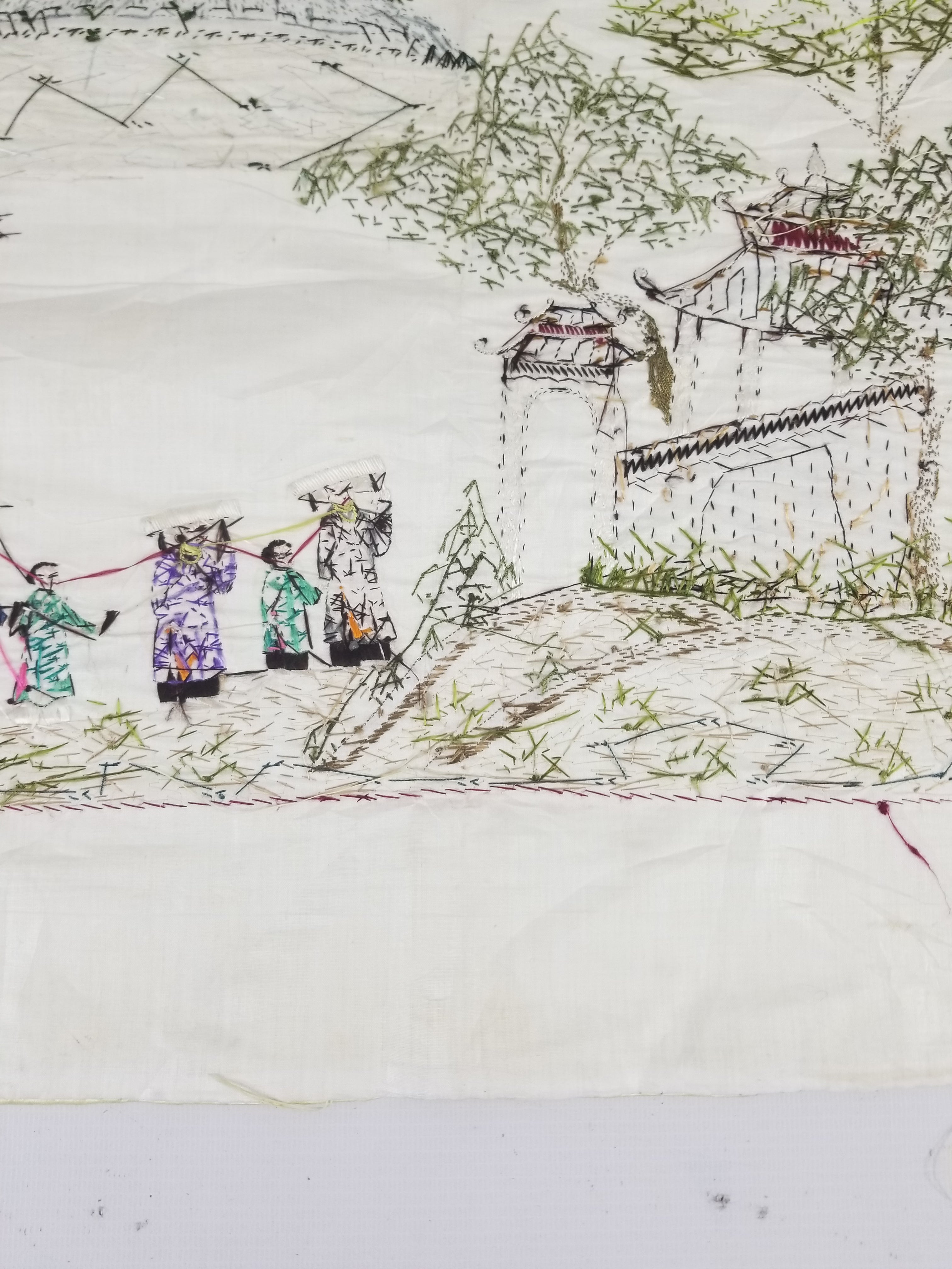 Vintage Chinese Hand Embroidered Silk Pagoda Landscape Silk Tapestry 61x54cm