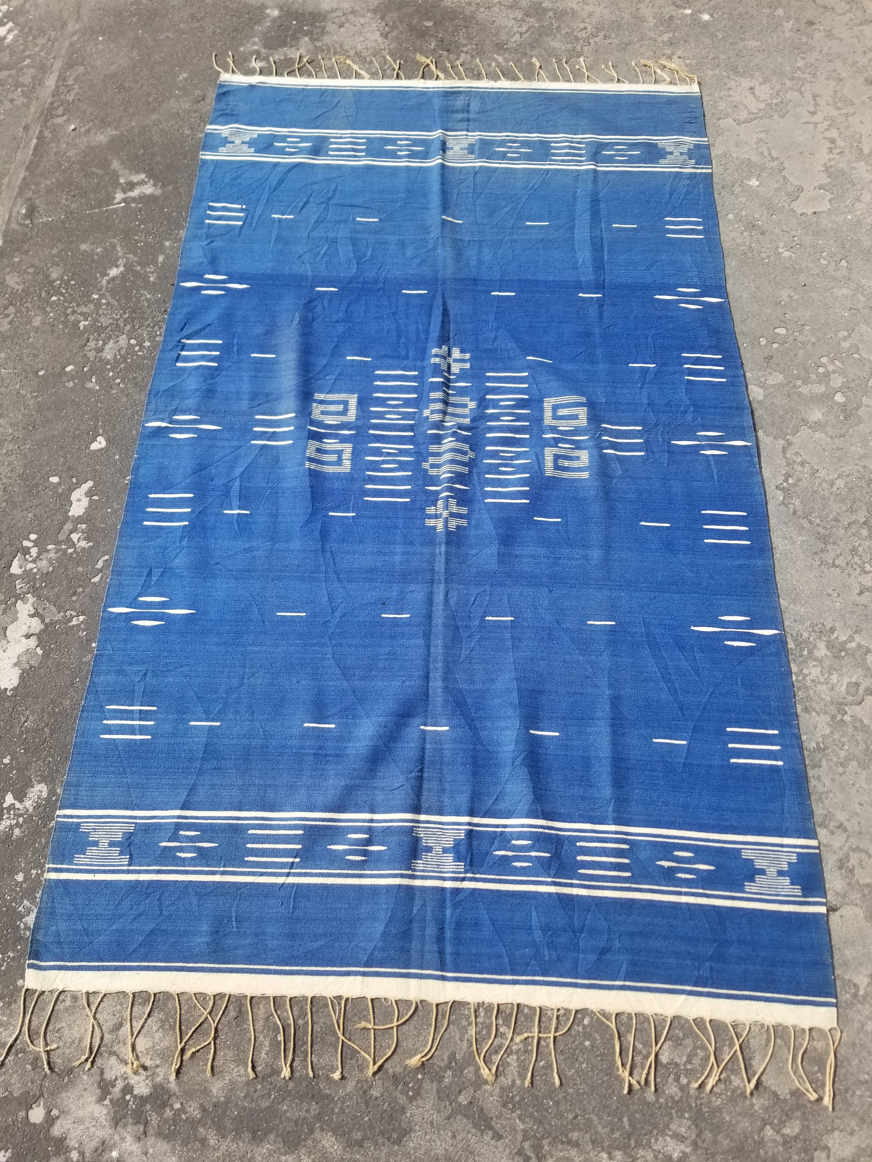 Vintage Traditional Handwoven Mexican Chimayo Wool Blue Kilim 166x112cm