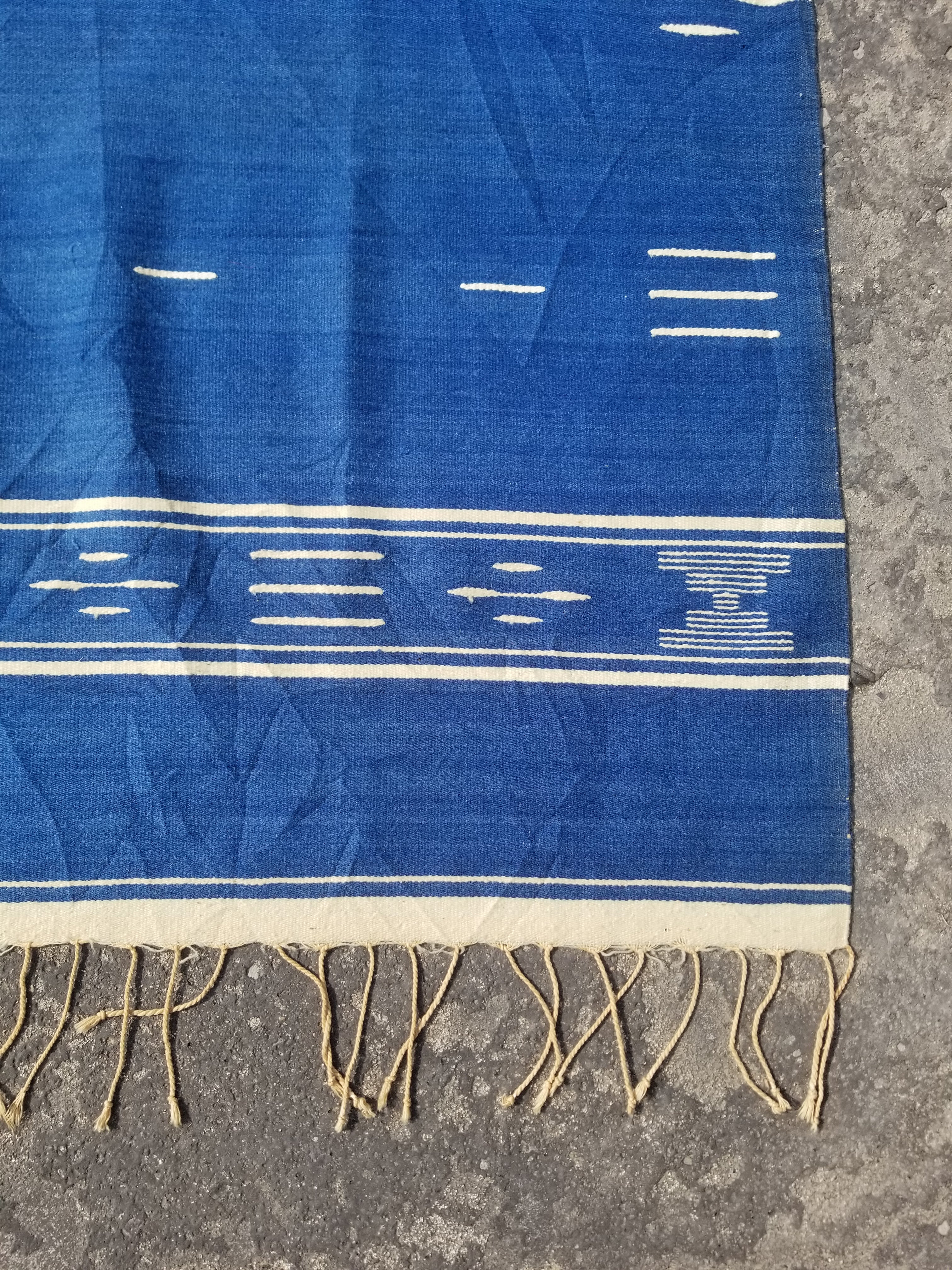Vintage Traditional Handwoven Mexican Chimayo Wool Blue Kilim 166x112cm