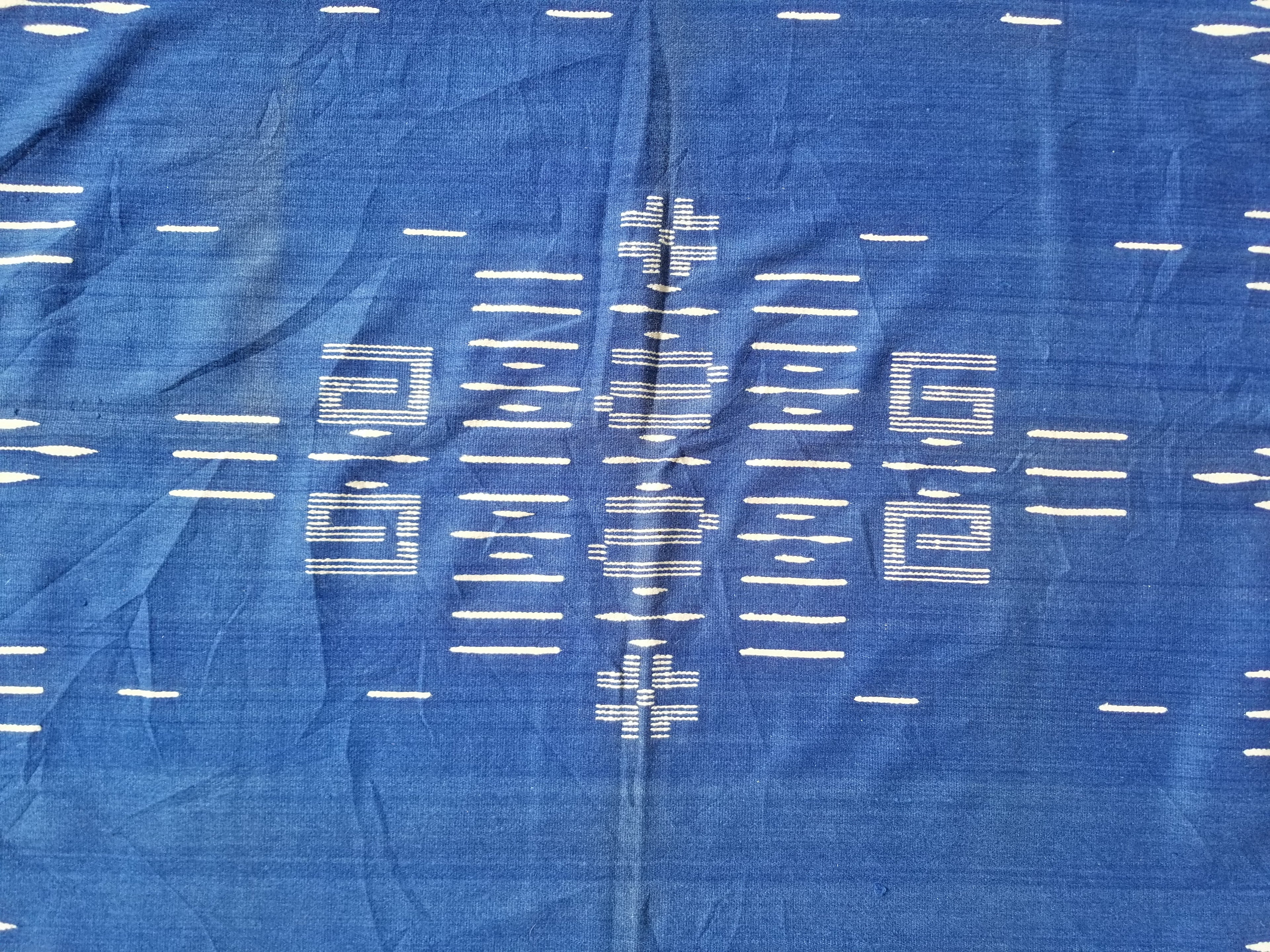 Vintage Traditional Handwoven Mexican Chimayo Wool Blue Kilim 166x112cm