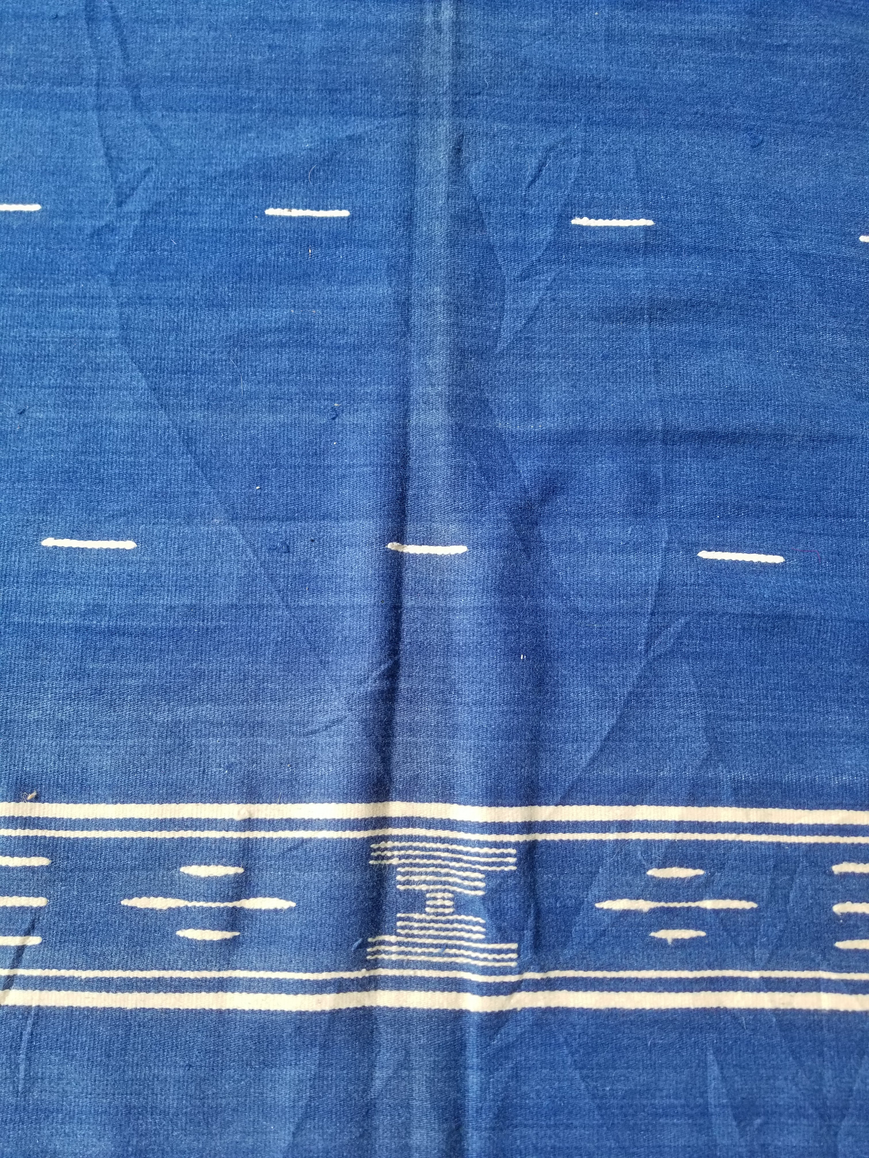 Vintage Traditional Handwoven Mexican Chimayo Wool Blue Kilim 166x112cm