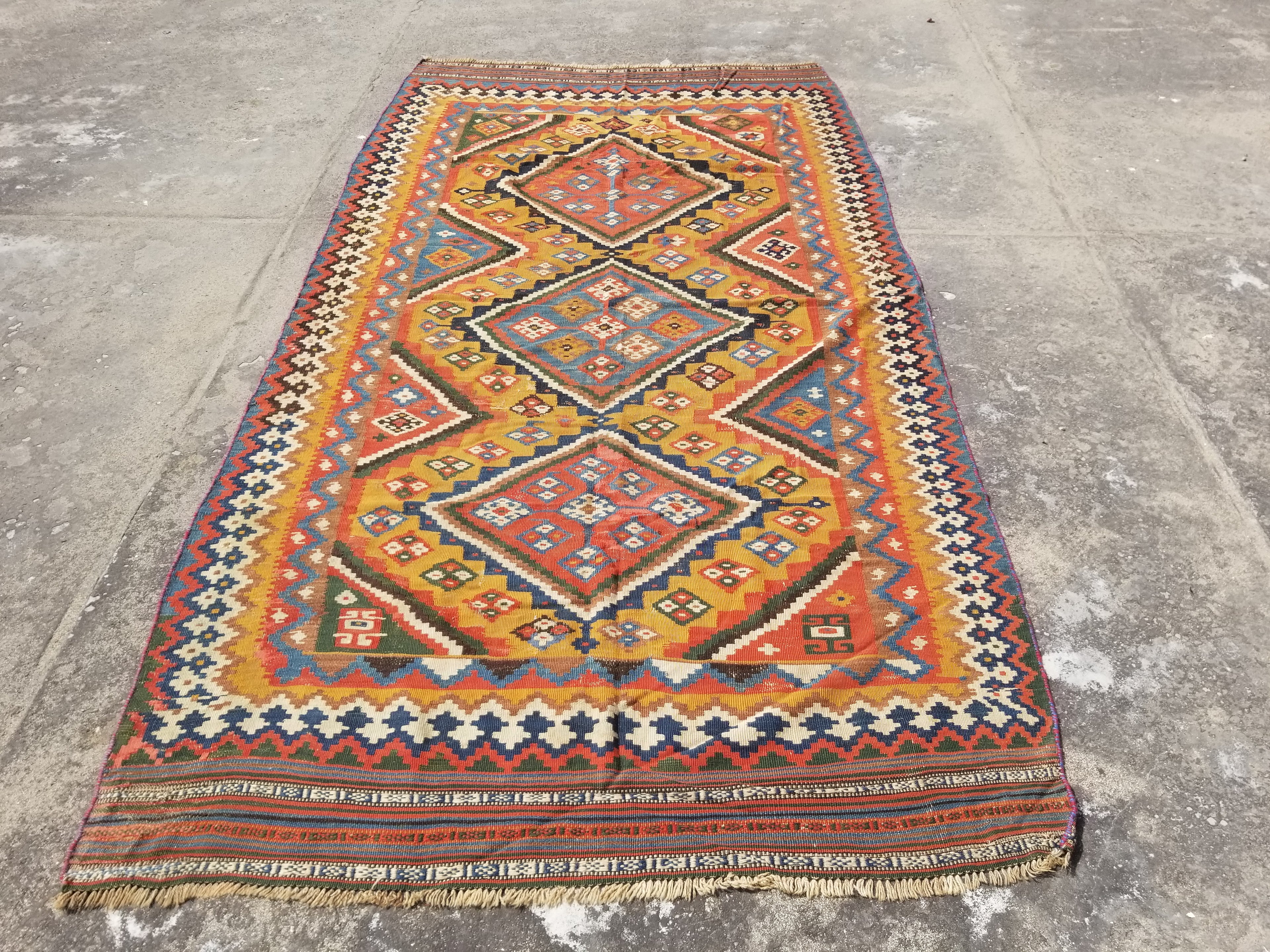 Antique Traditional Handwoven Turkish Anatolian Wool Multicolor Kilim 296x148cm