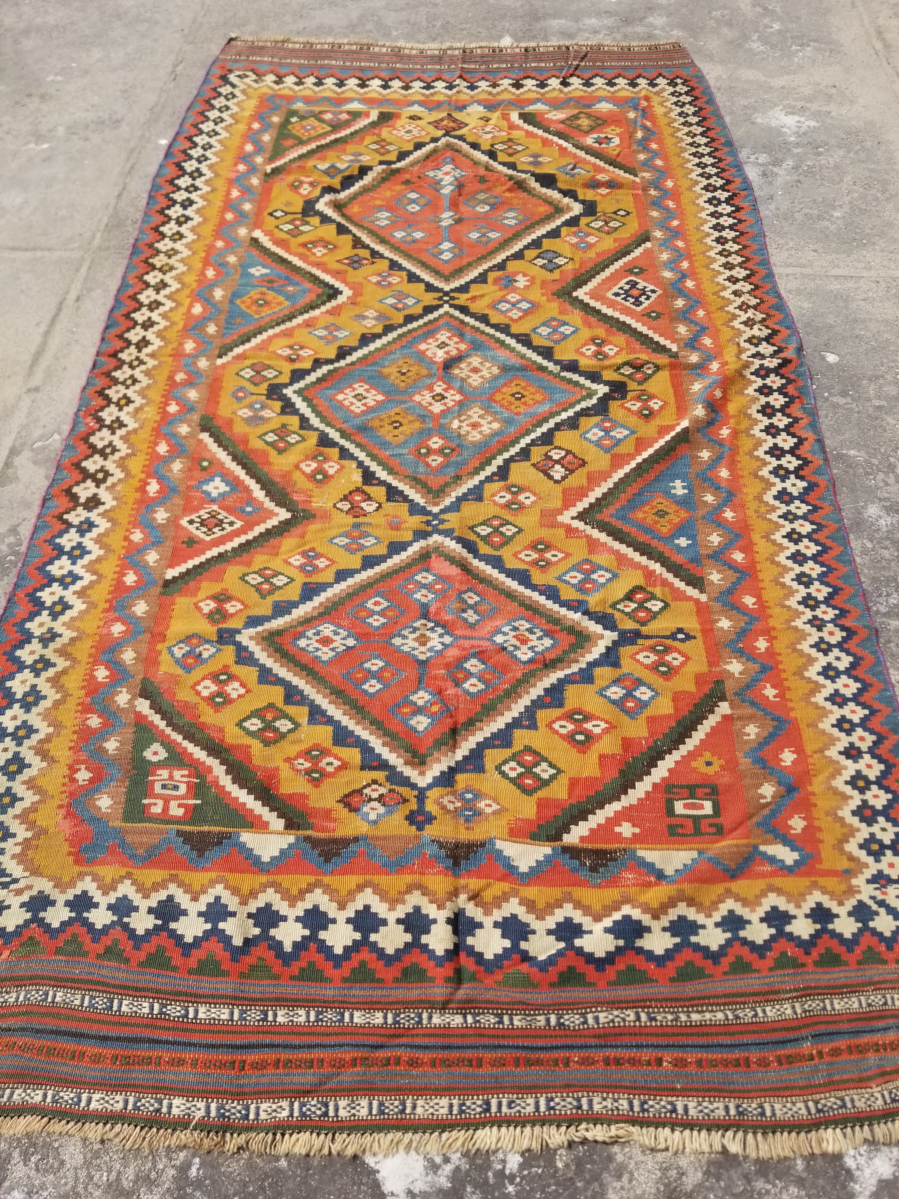 Antique Traditional Handwoven Turkish Anatolian Wool Multicolor Kilim 296x148cm