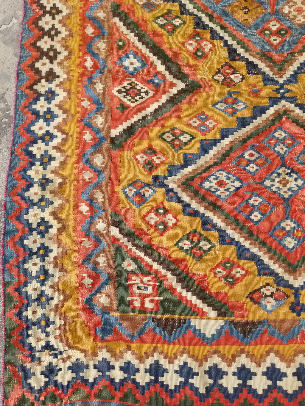 Antique Traditional Handwoven Turkish Anatolian Wool Multicolor Kilim 296x148cm