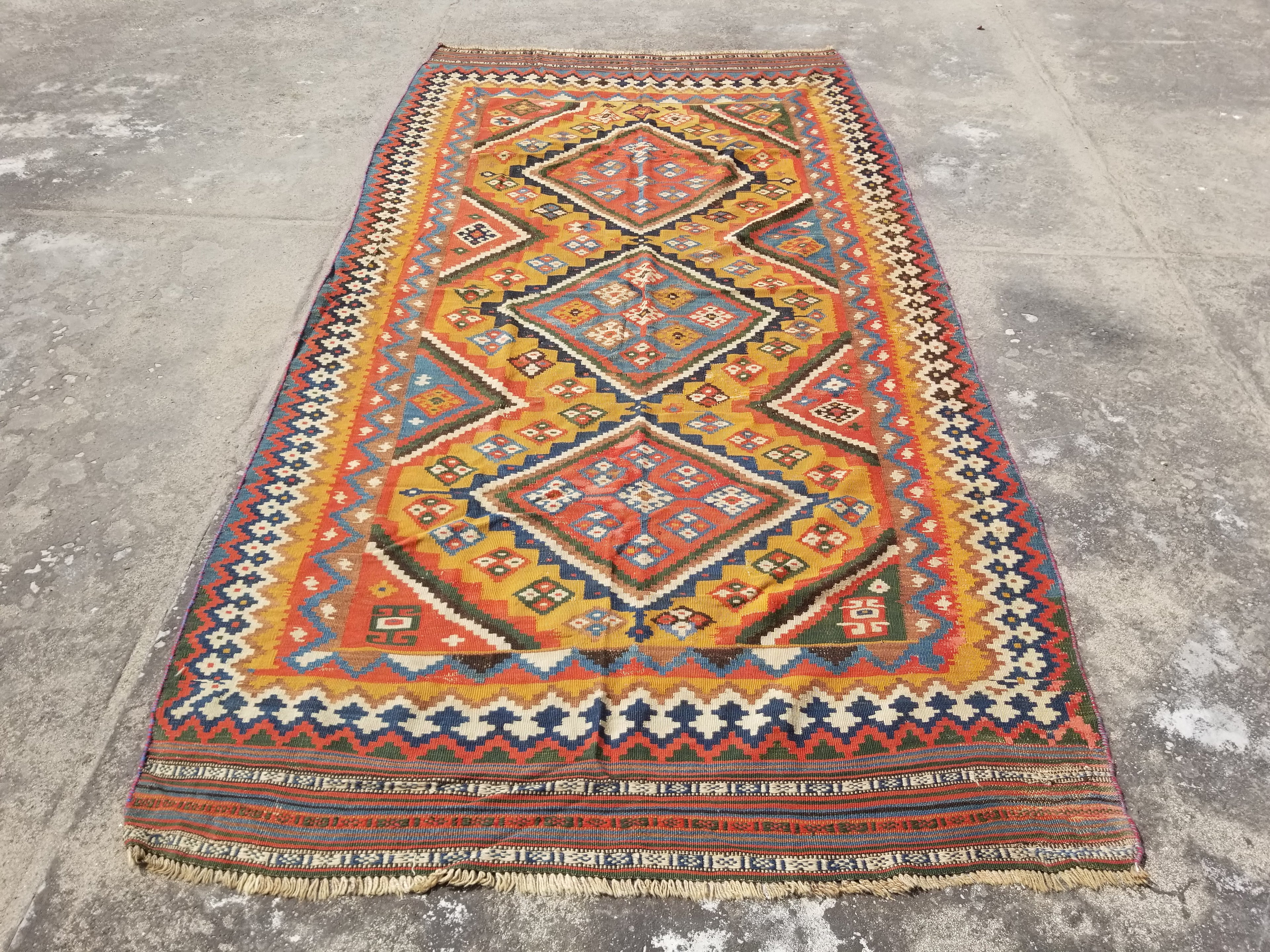 Antique Traditional Handwoven Turkish Anatolian Wool Multicolor Kilim 296x148cm