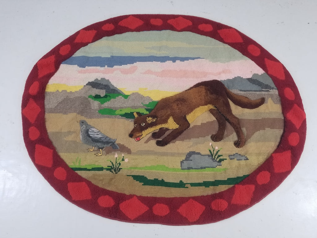 Vintage European Hand Hooked Dog Chasing Bird Landscape Scene Rug 147x115cm