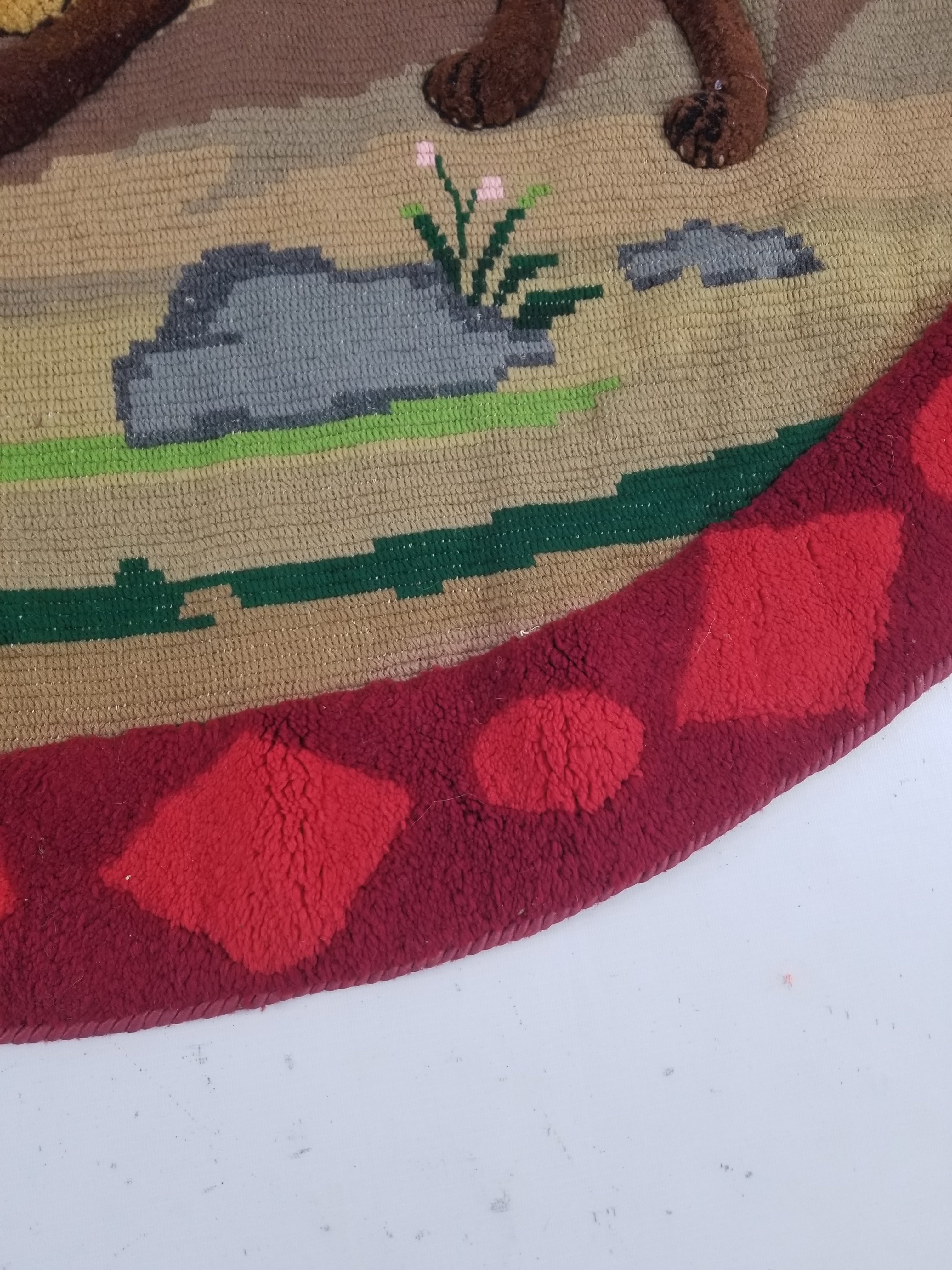 Vintage European Hand Hooked Dog Chasing Bird Landscape Scene Rug 147x115cm