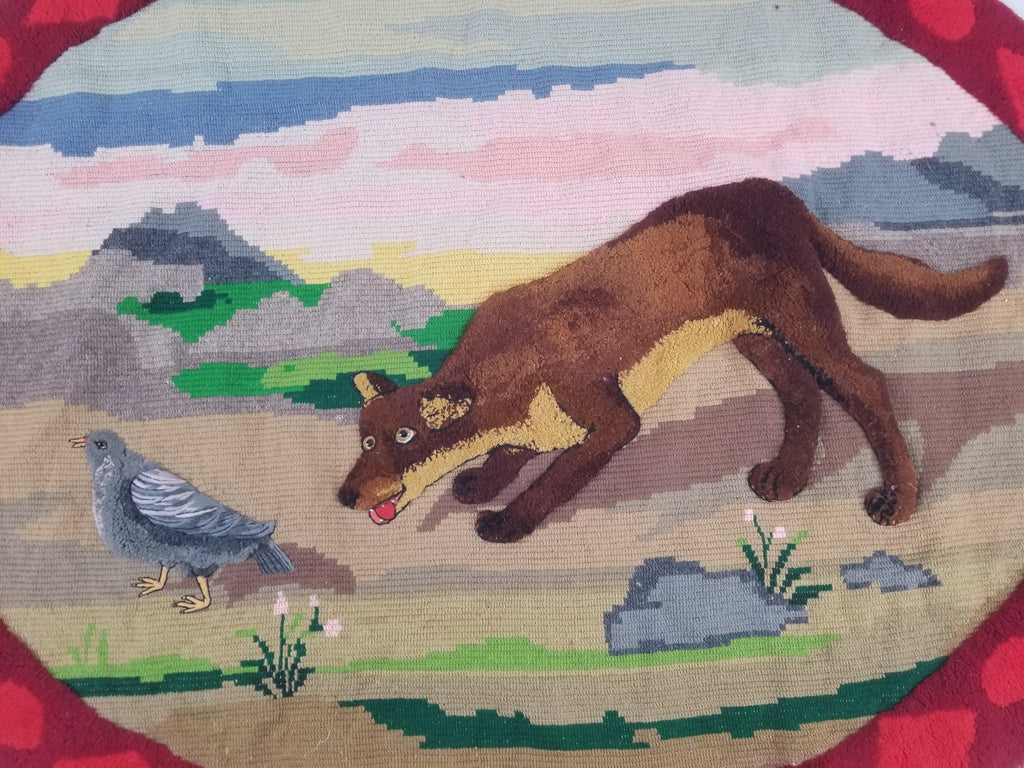 Vintage European Hand Hooked Dog Chasing Bird Landscape Scene Rug 147x115cm
