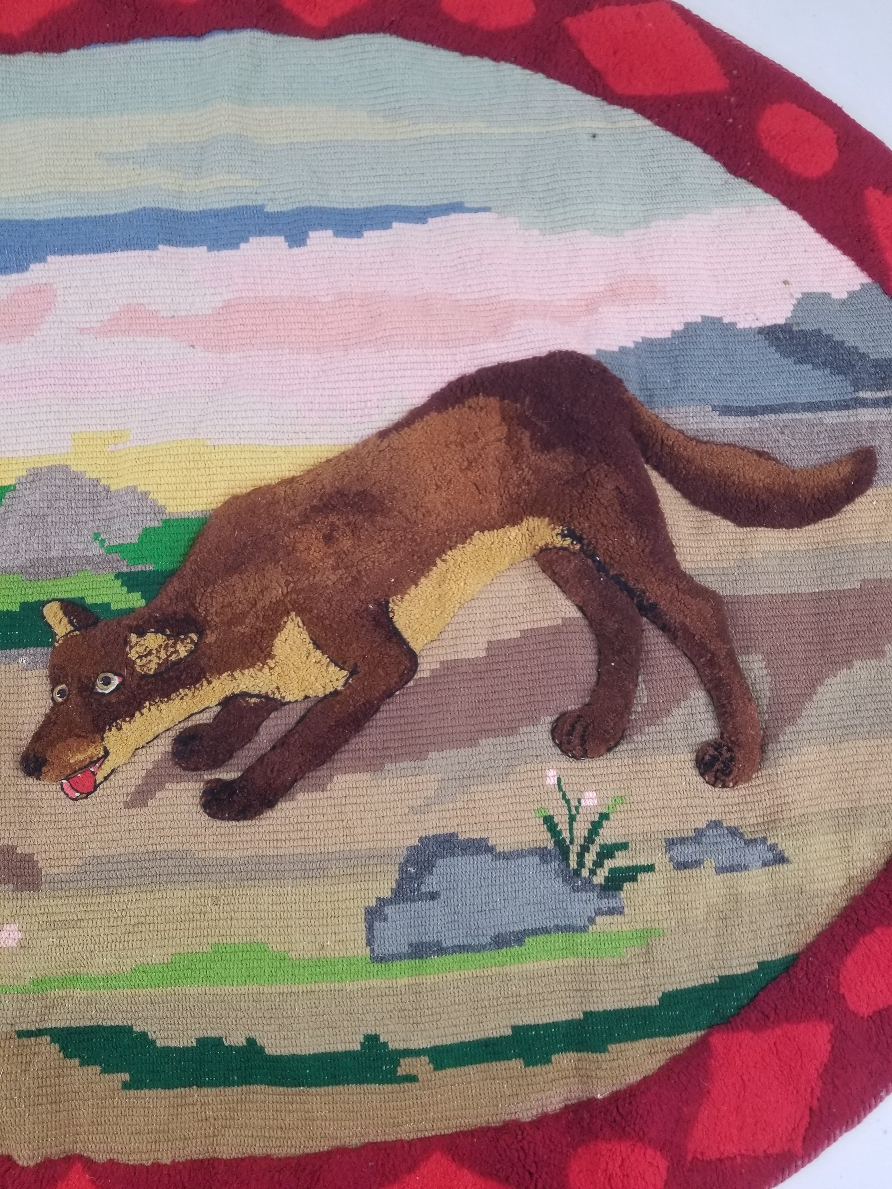Vintage European Hand Hooked Dog Chasing Bird Landscape Scene Rug 147x115cm