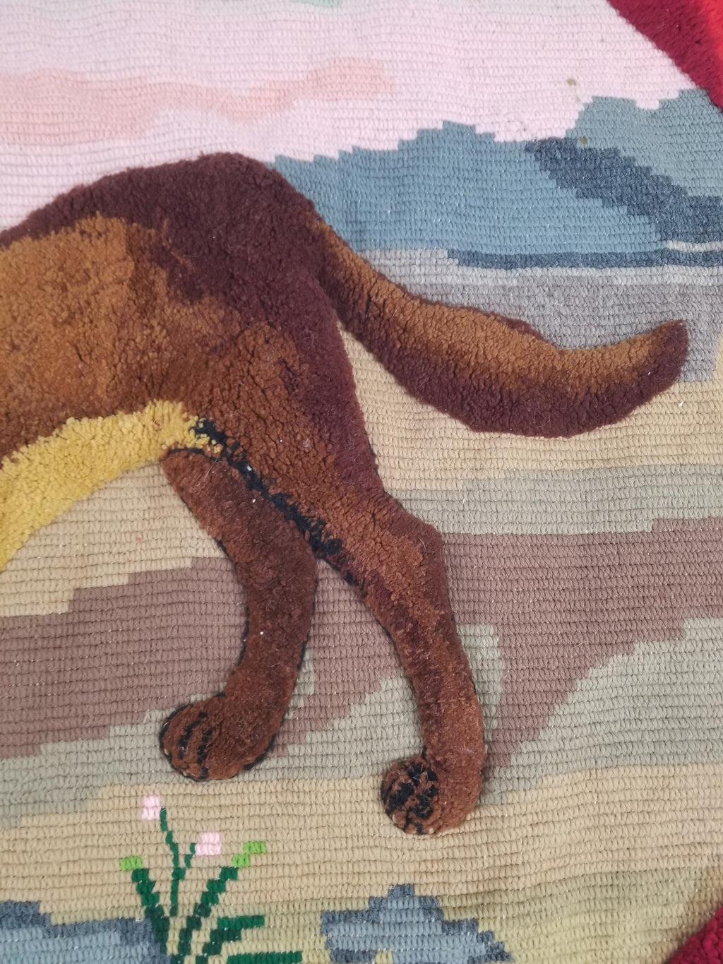 Vintage European Hand Hooked Dog Chasing Bird Landscape Scene Rug 147x115cm