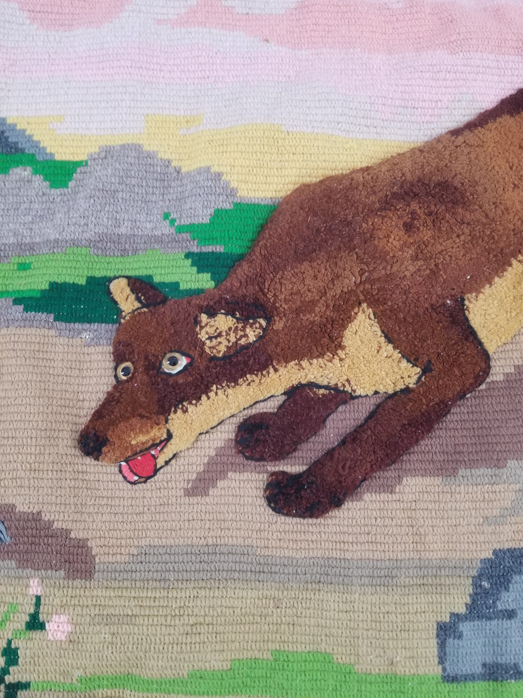 Vintage European Hand Hooked Dog Chasing Bird Landscape Scene Rug 147x115cm
