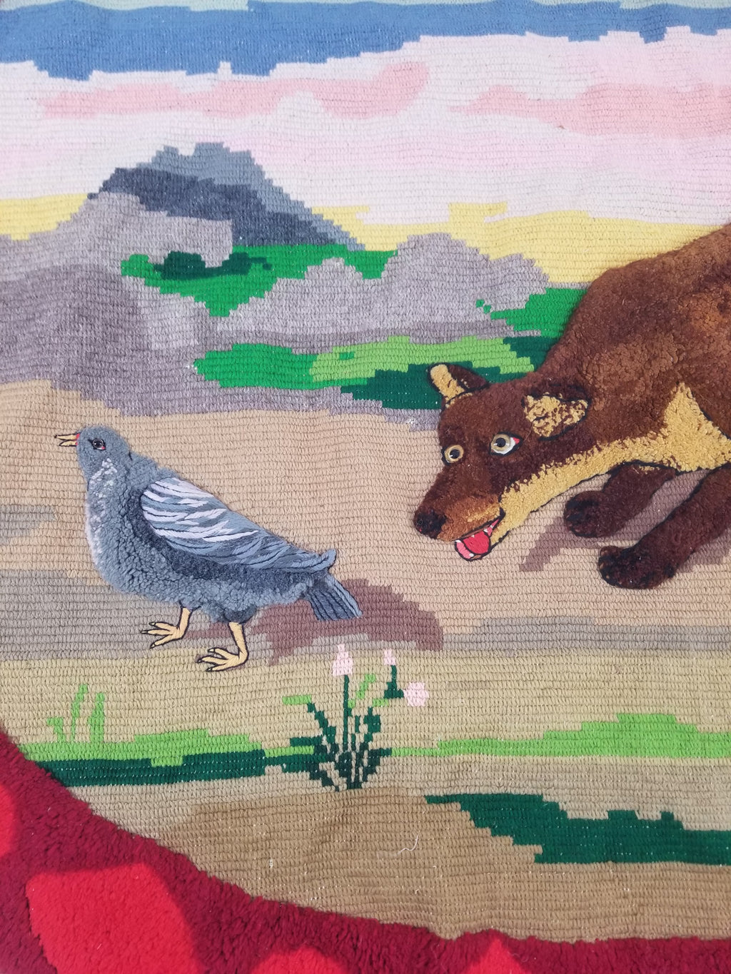 Vintage European Hand Hooked Dog Chasing Bird Landscape Scene Rug 147x115cm