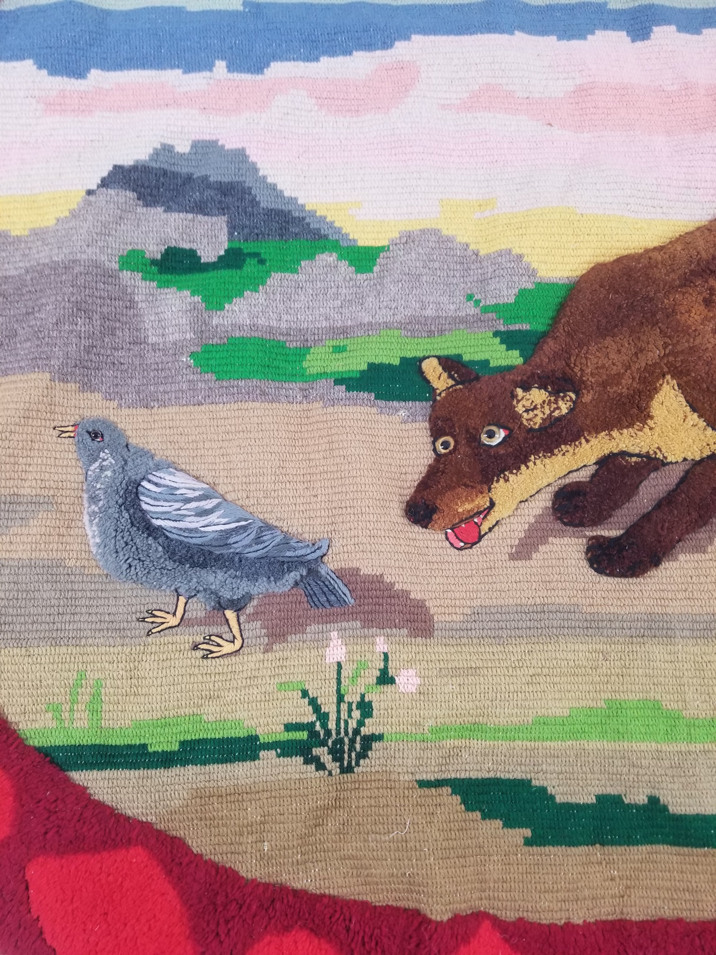 Vintage European Hand Hooked Dog Chasing Bird Landscape Scene Rug 147x115cm