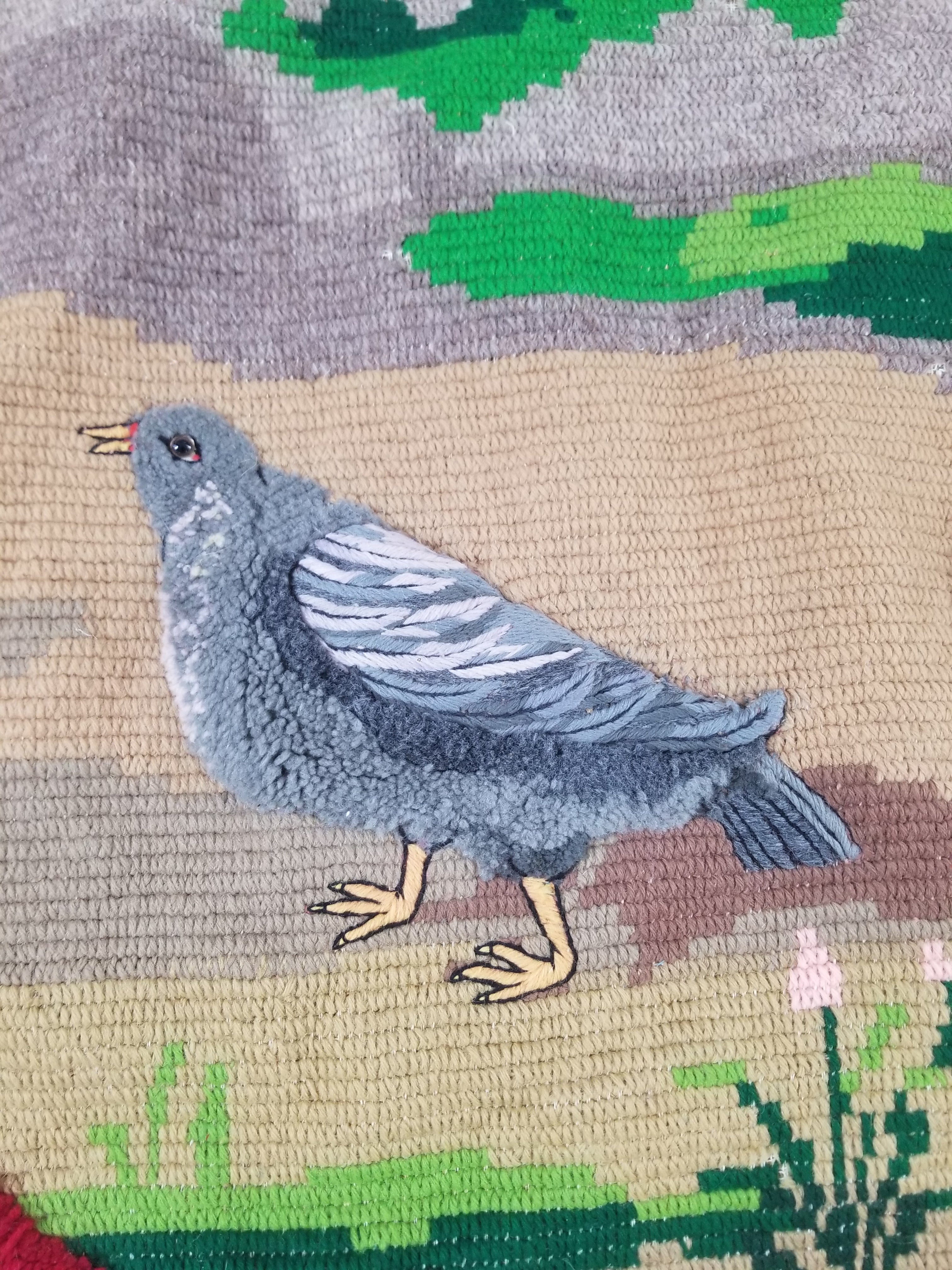 Vintage European Hand Hooked Dog Chasing Bird Landscape Scene Rug 147x115cm