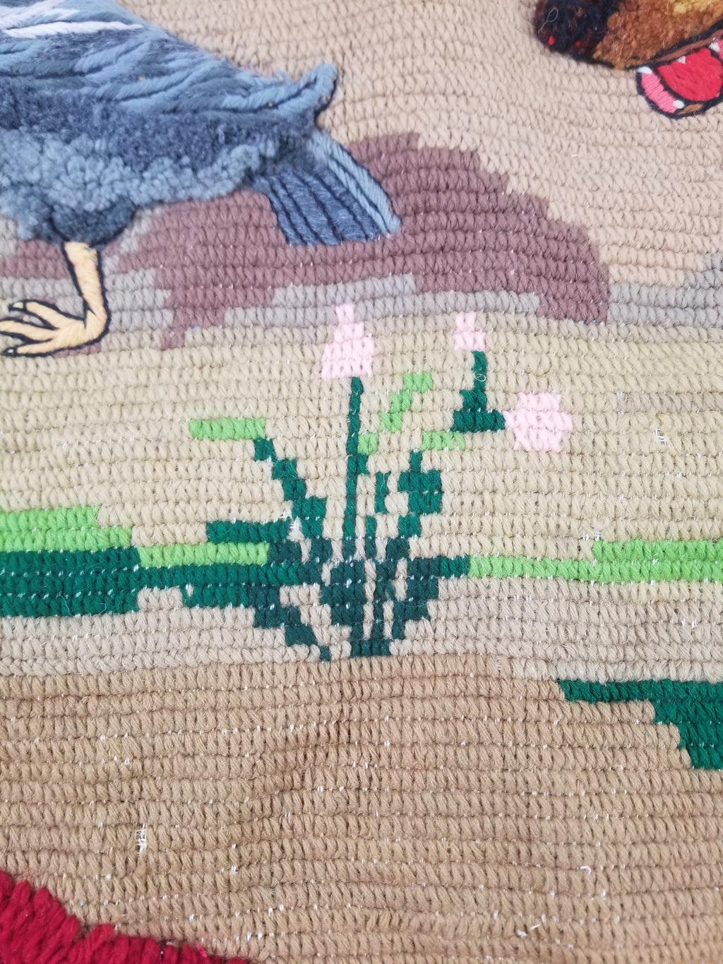 Vintage European Hand Hooked Dog Chasing Bird Landscape Scene Rug 147x115cm