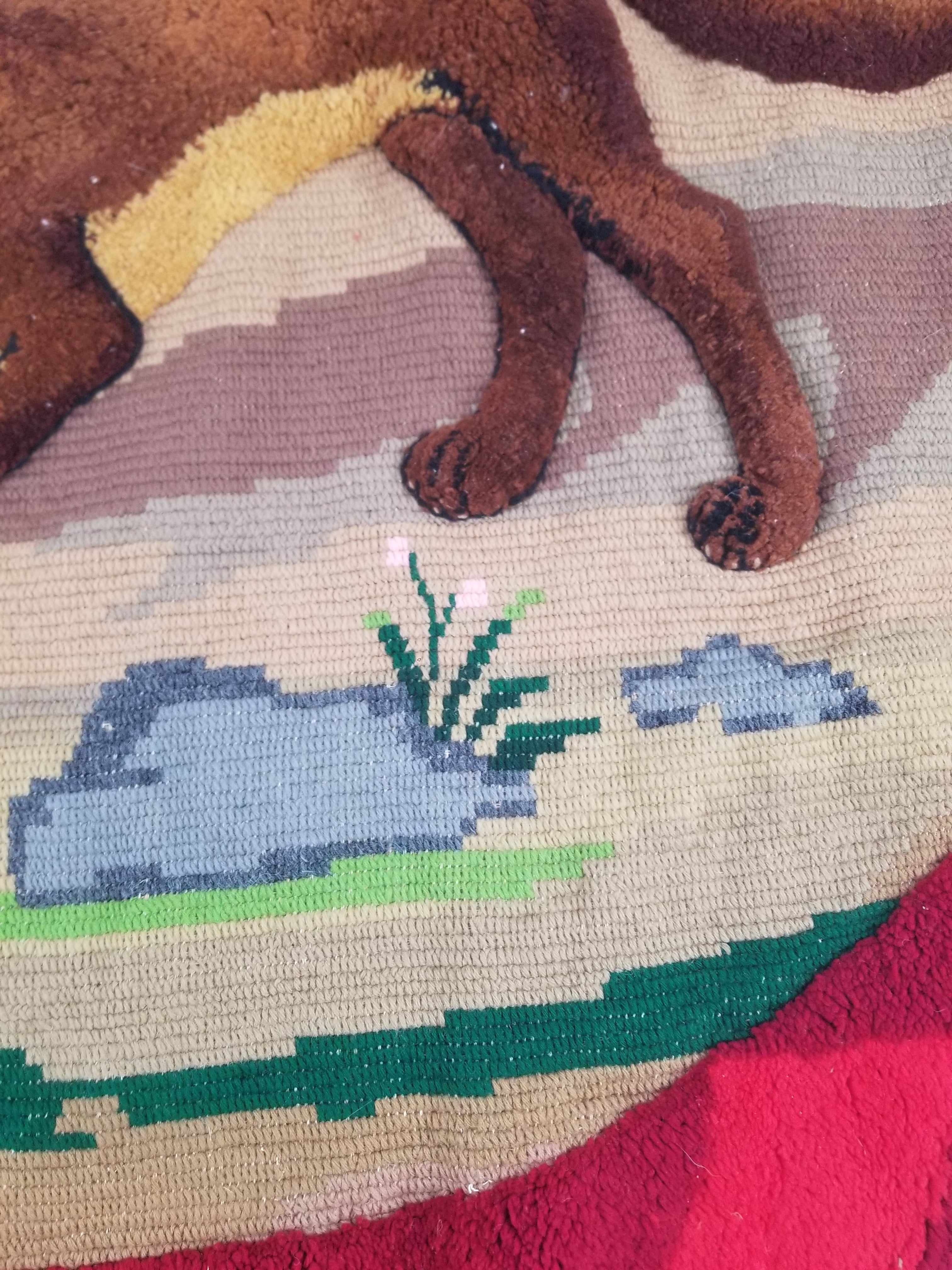Vintage European Hand Hooked Dog Chasing Bird Landscape Scene Rug 147x115cm