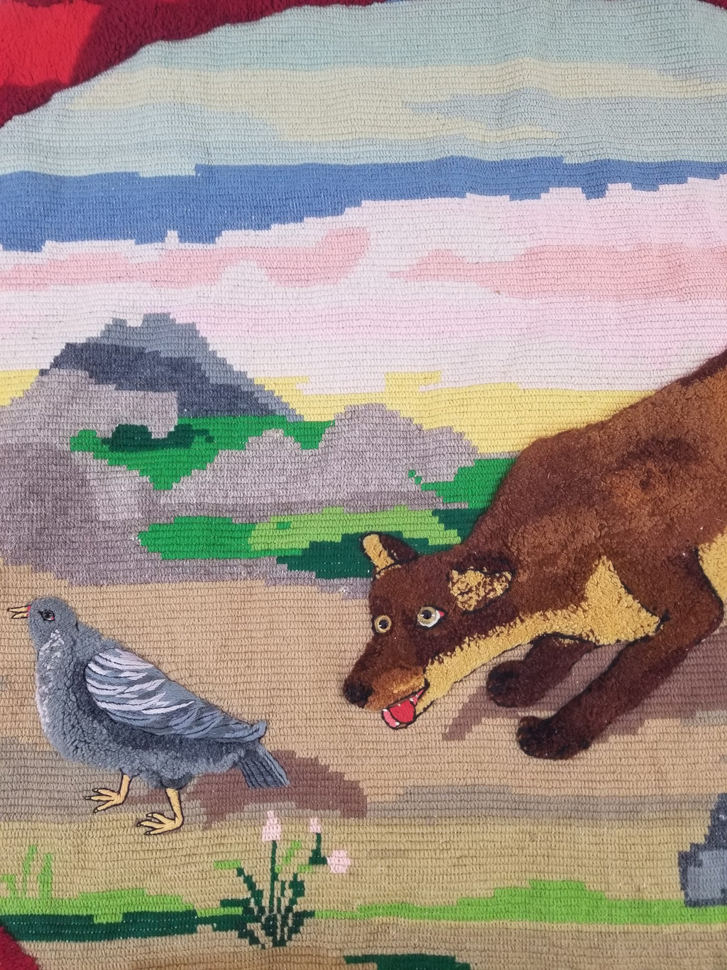 Vintage European Hand Hooked Dog Chasing Bird Landscape Scene Rug 147x115cm