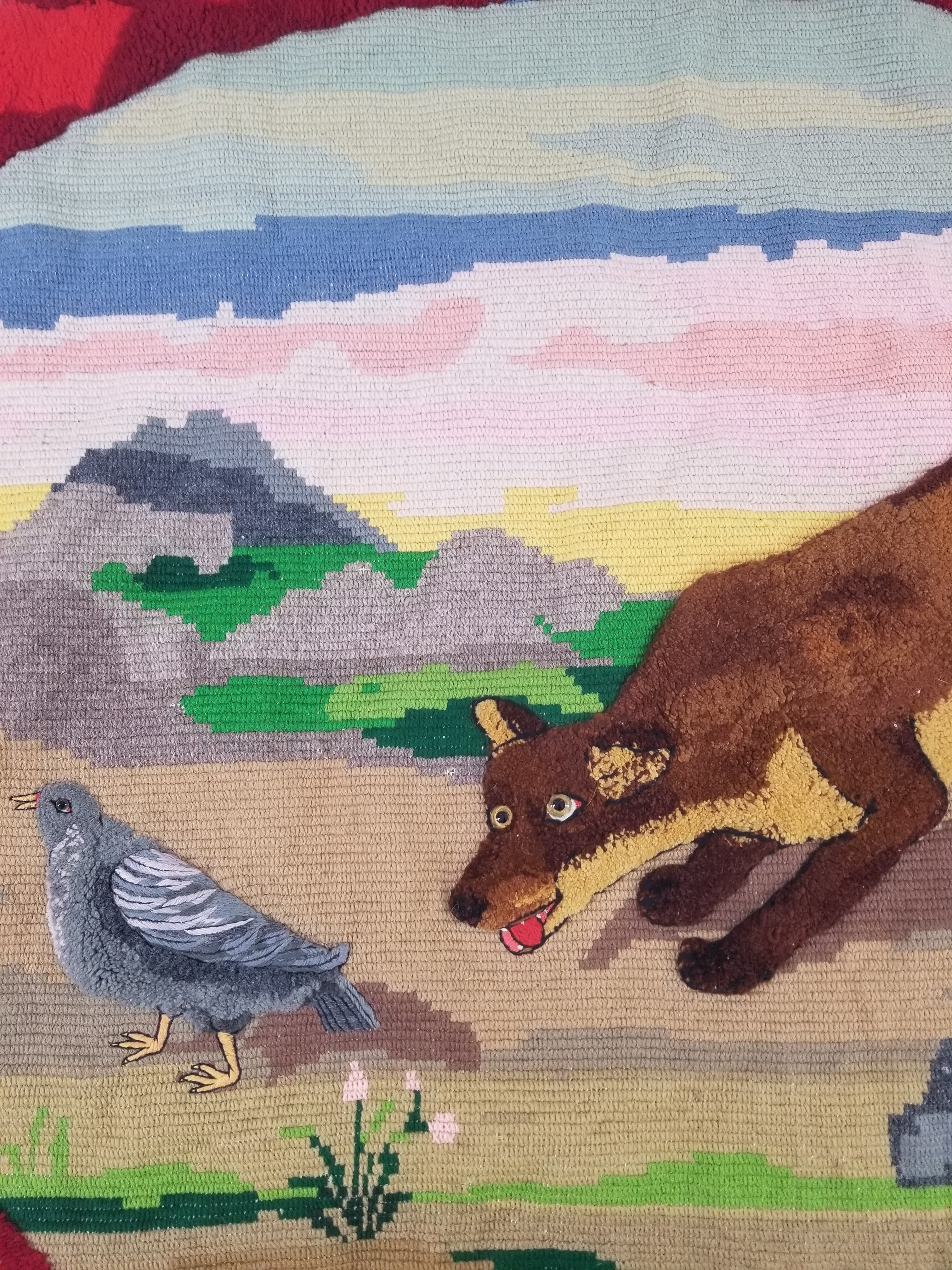 Vintage European Hand Hooked Dog Chasing Bird Landscape Scene Rug 147x115cm