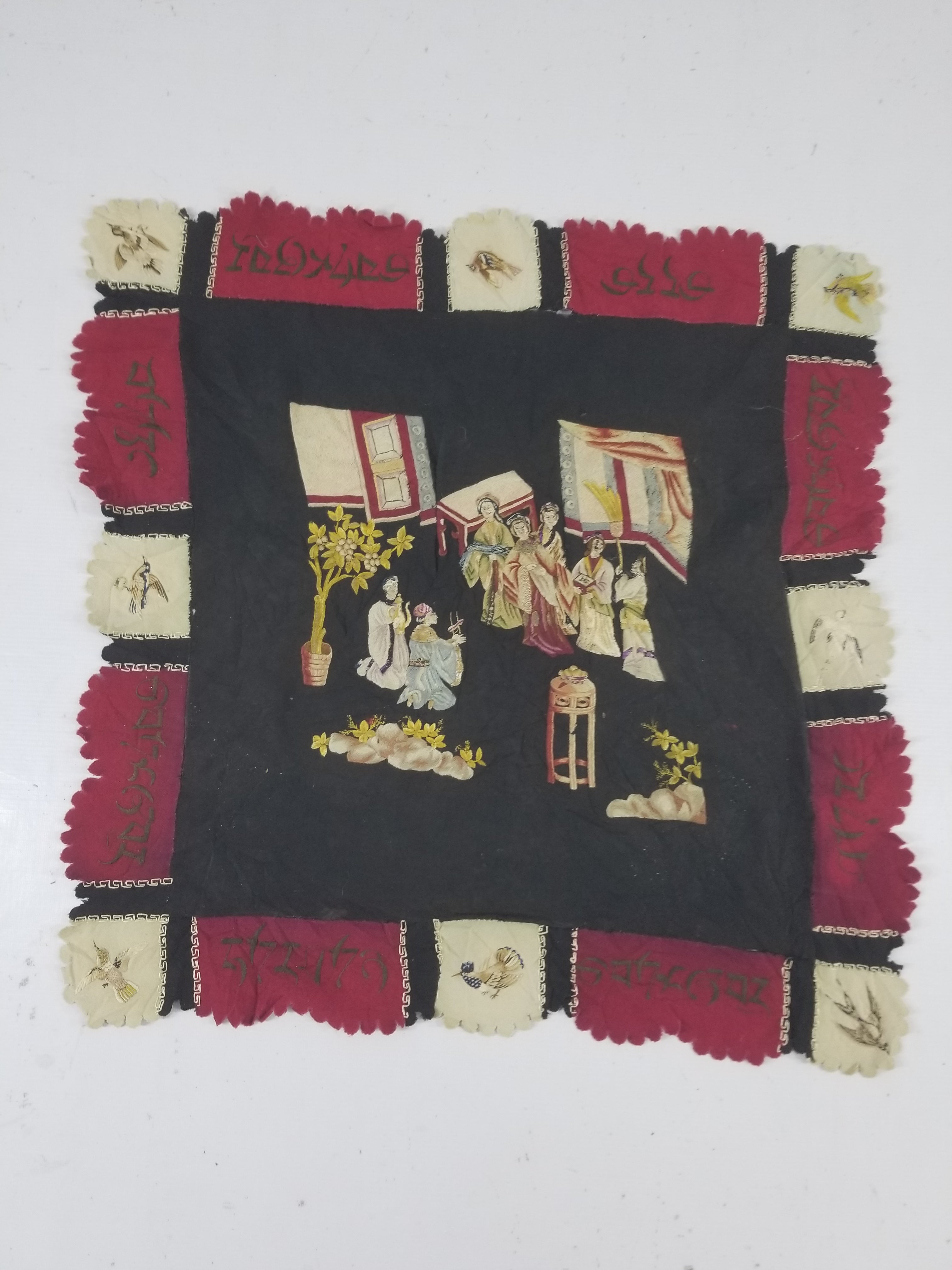 Antique Tibetan Embroidered Figural Scene Tapestry 63x63cm