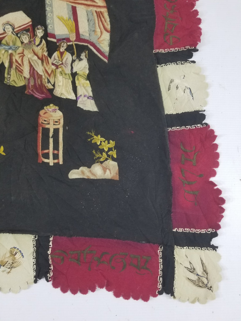 Antique Tibetan Embroidered Figural Scene Tapestry 63x63cm