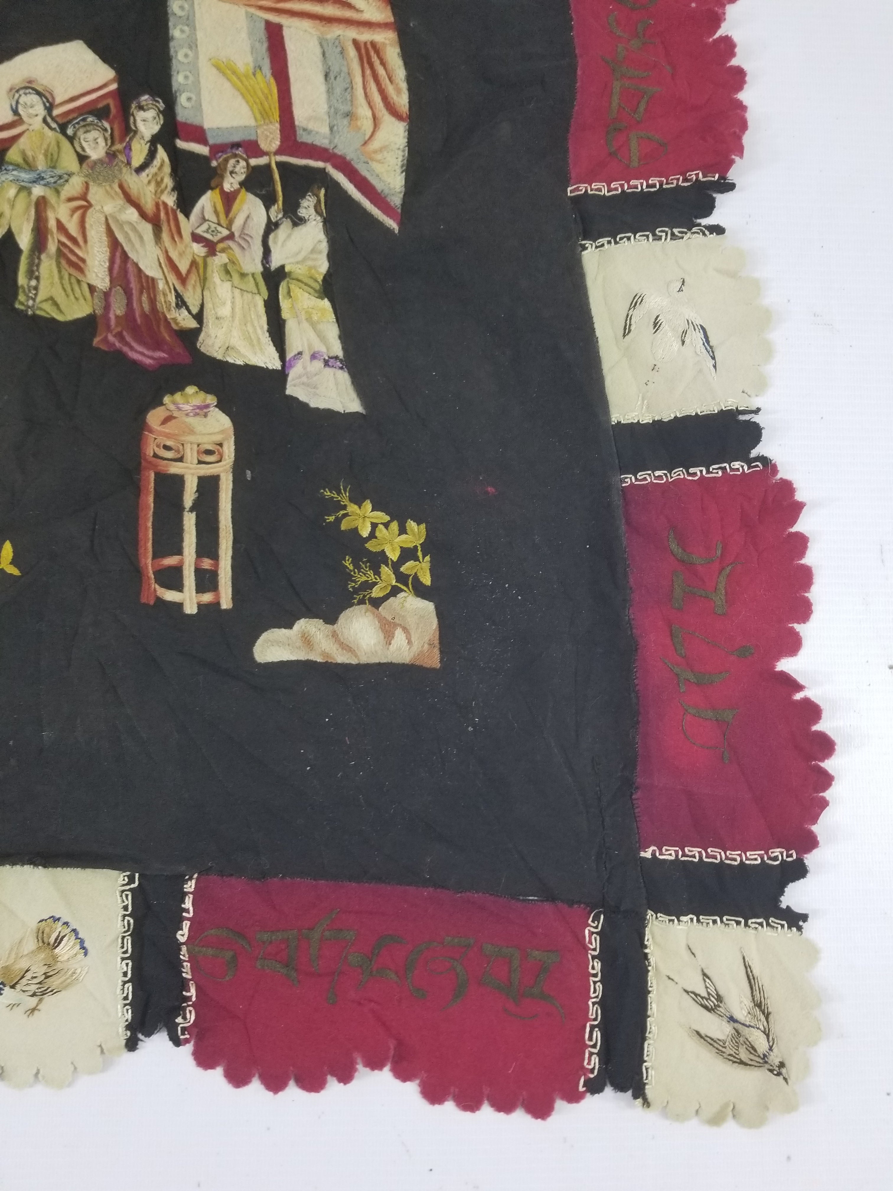Antique Tibetan Embroidered Figural Scene Tapestry 63x63cm