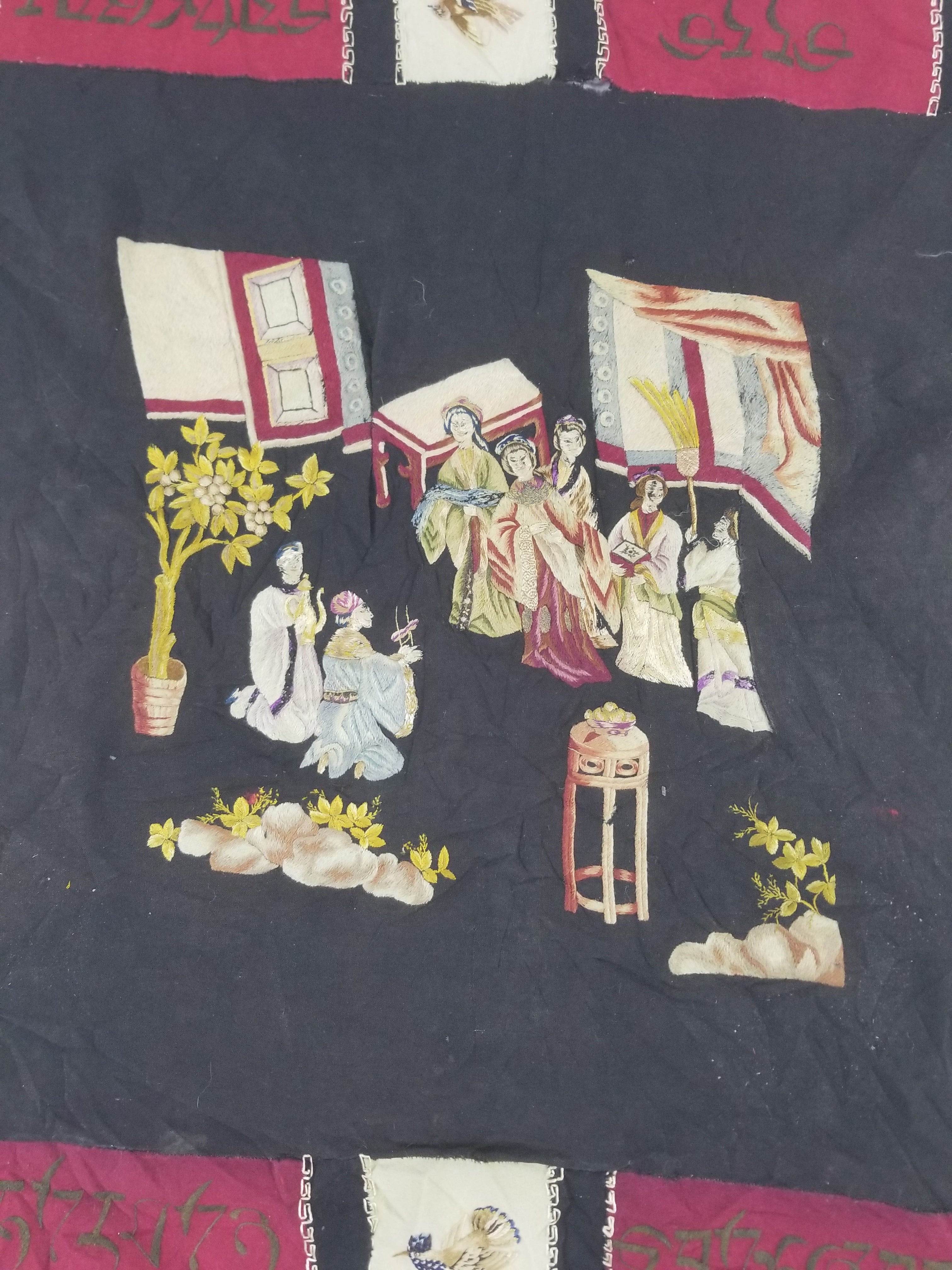 Antique Tibetan Embroidered Figural Scene Tapestry 63x63cm