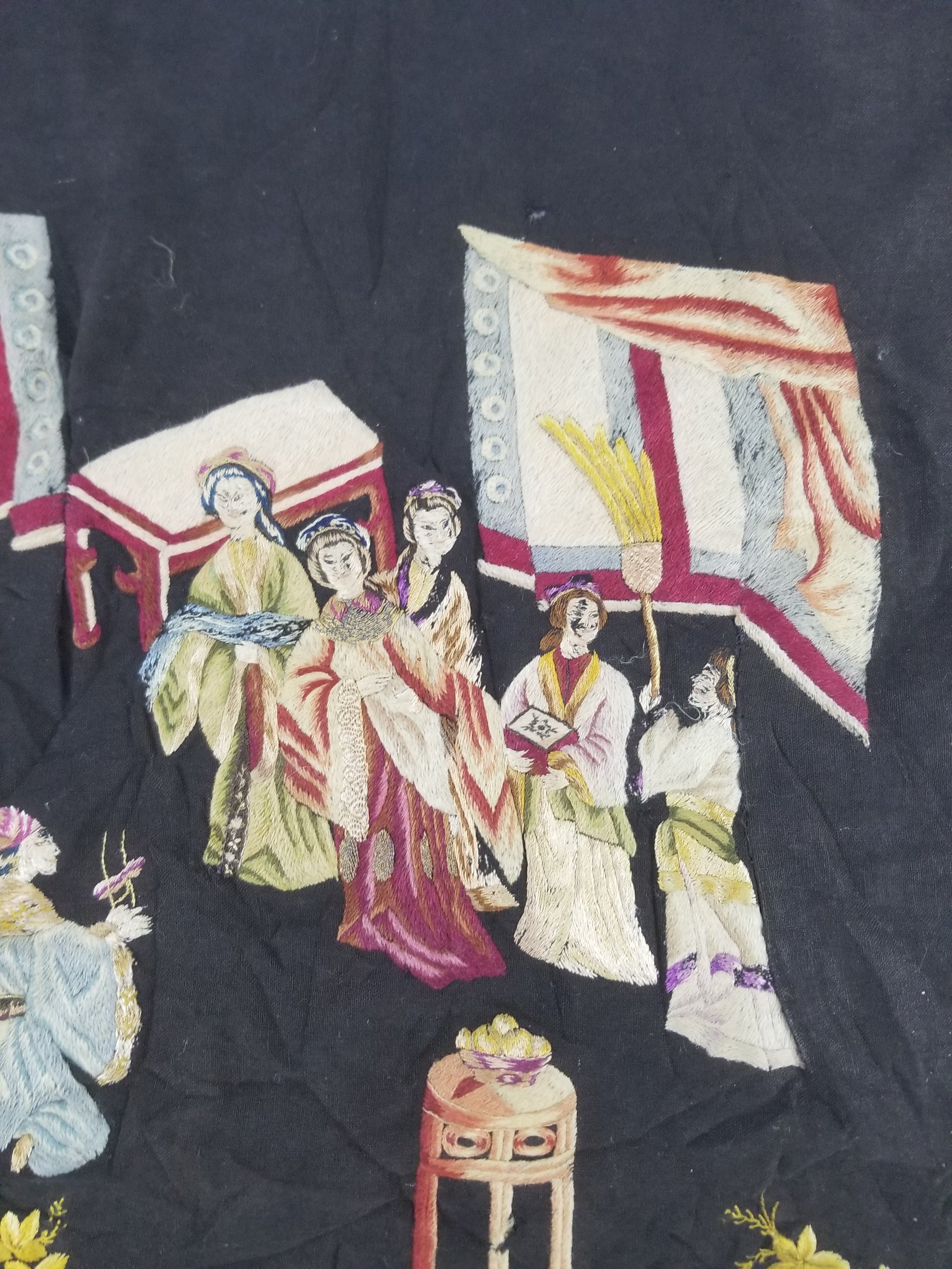 Antique Tibetan Embroidered Figural Scene Tapestry 63x63cm