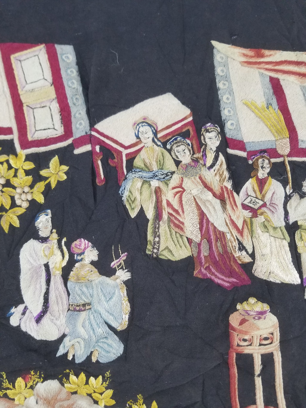 Antique Tibetan Embroidered Figural Scene Tapestry 63x63cm