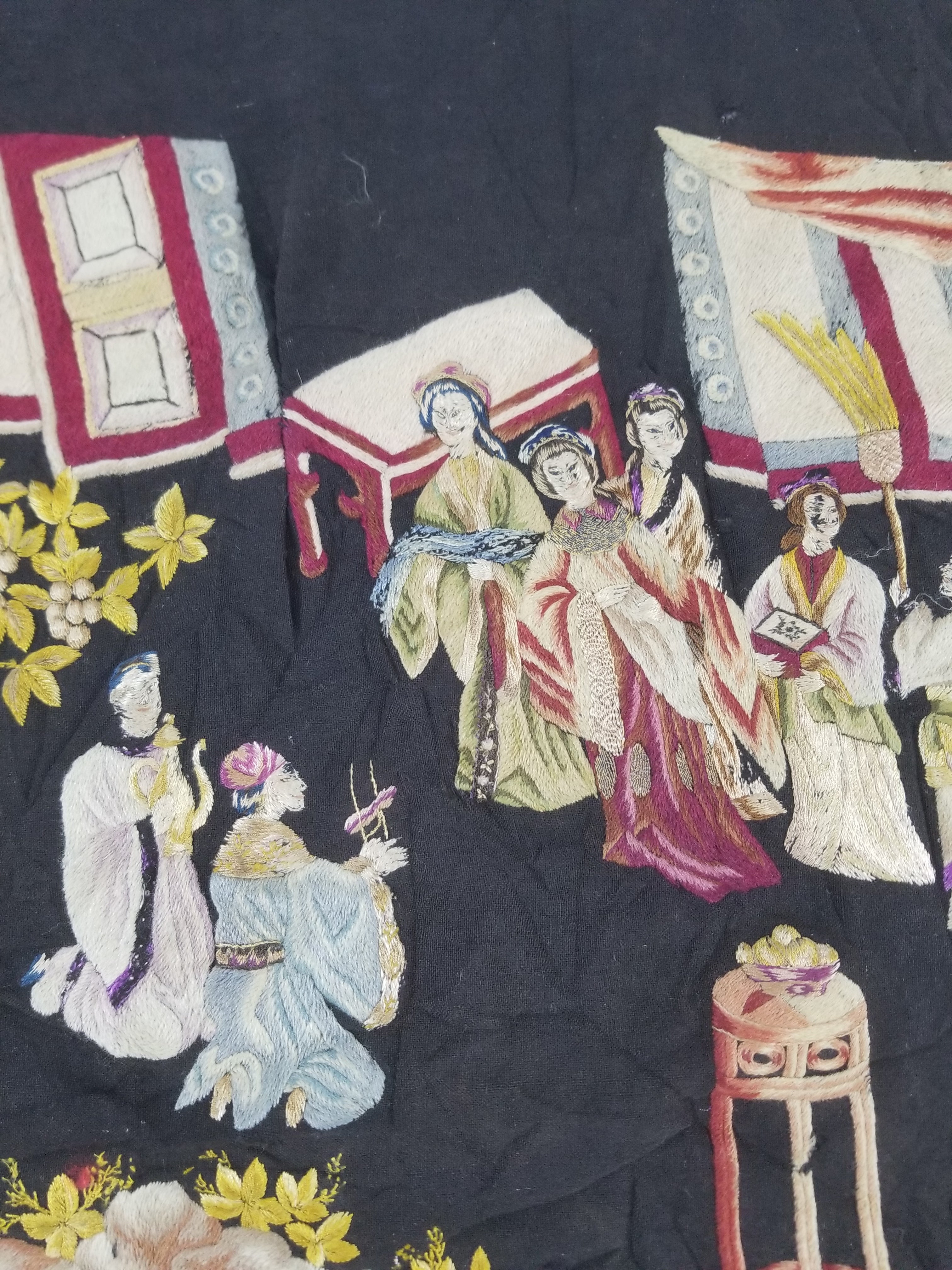 Antique Tibetan Embroidered Figural Scene Tapestry 63x63cm