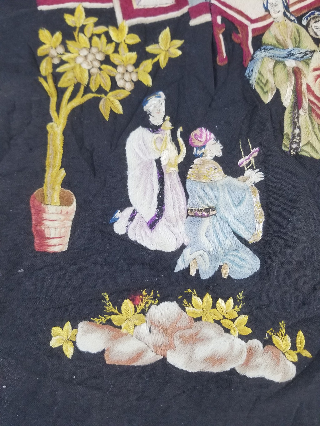 Antique Tibetan Embroidered Figural Scene Tapestry 63x63cm