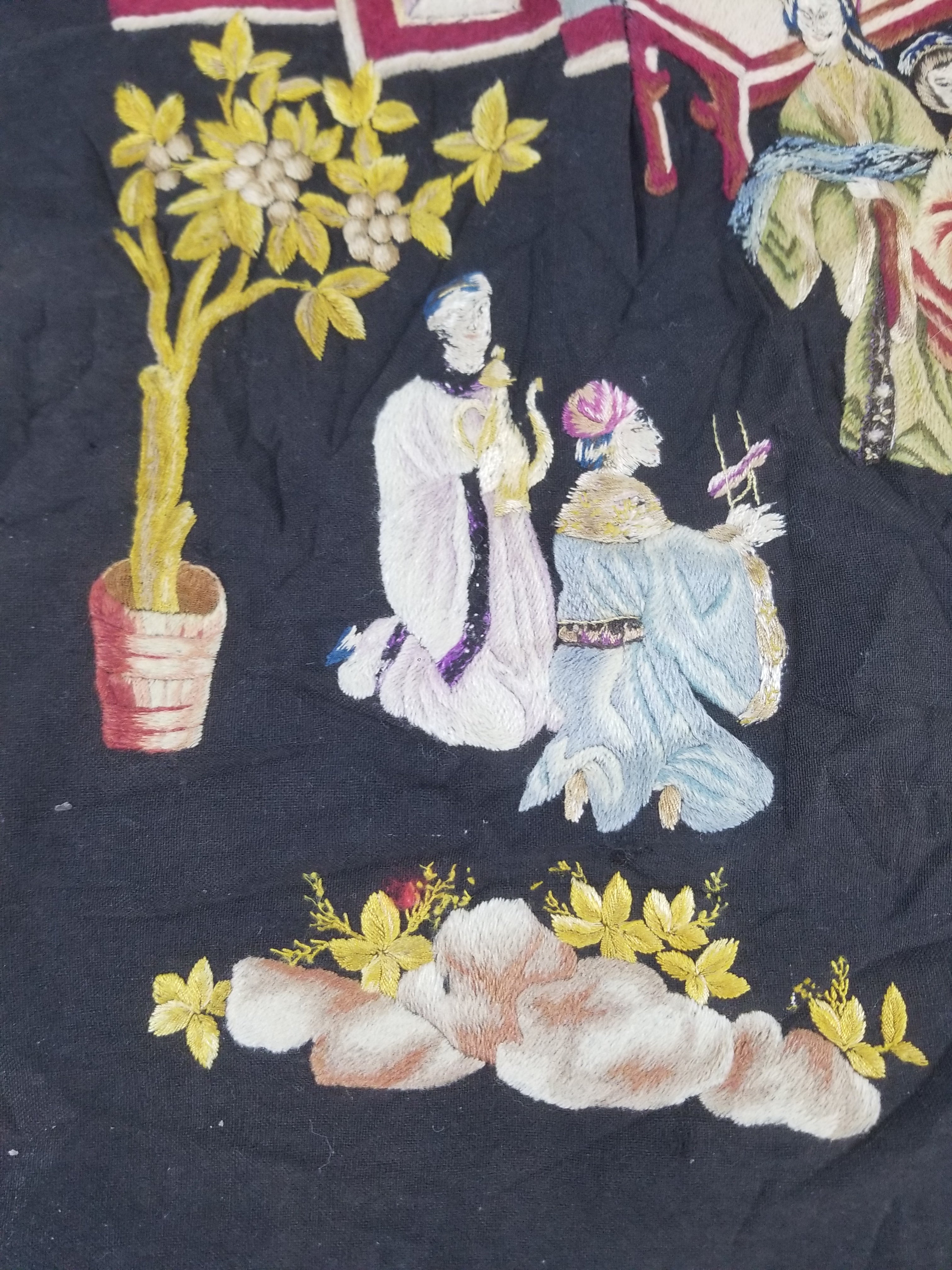 Antique Tibetan Embroidered Figural Scene Tapestry 63x63cm