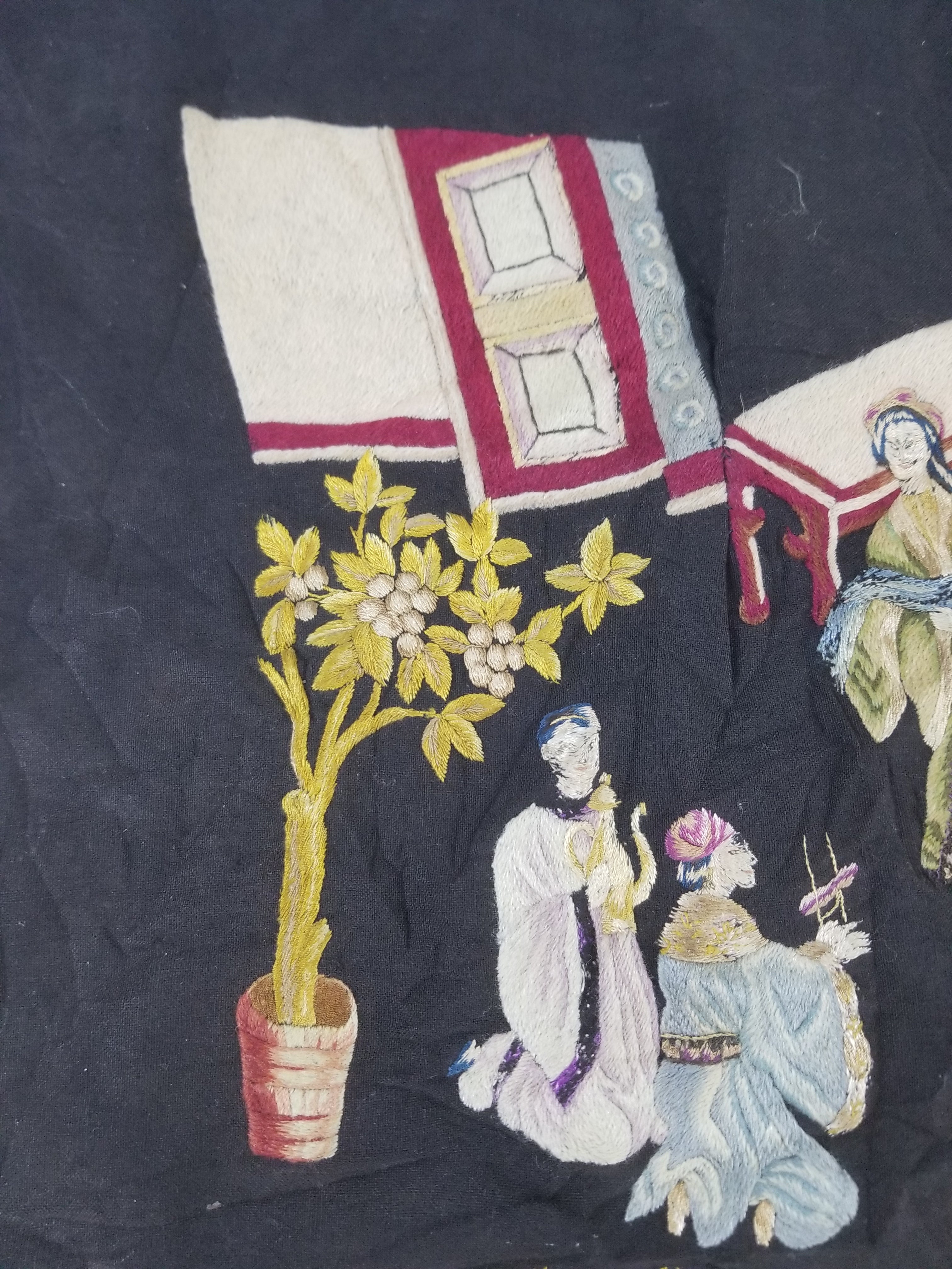 Antique Tibetan Embroidered Figural Scene Tapestry 63x63cm