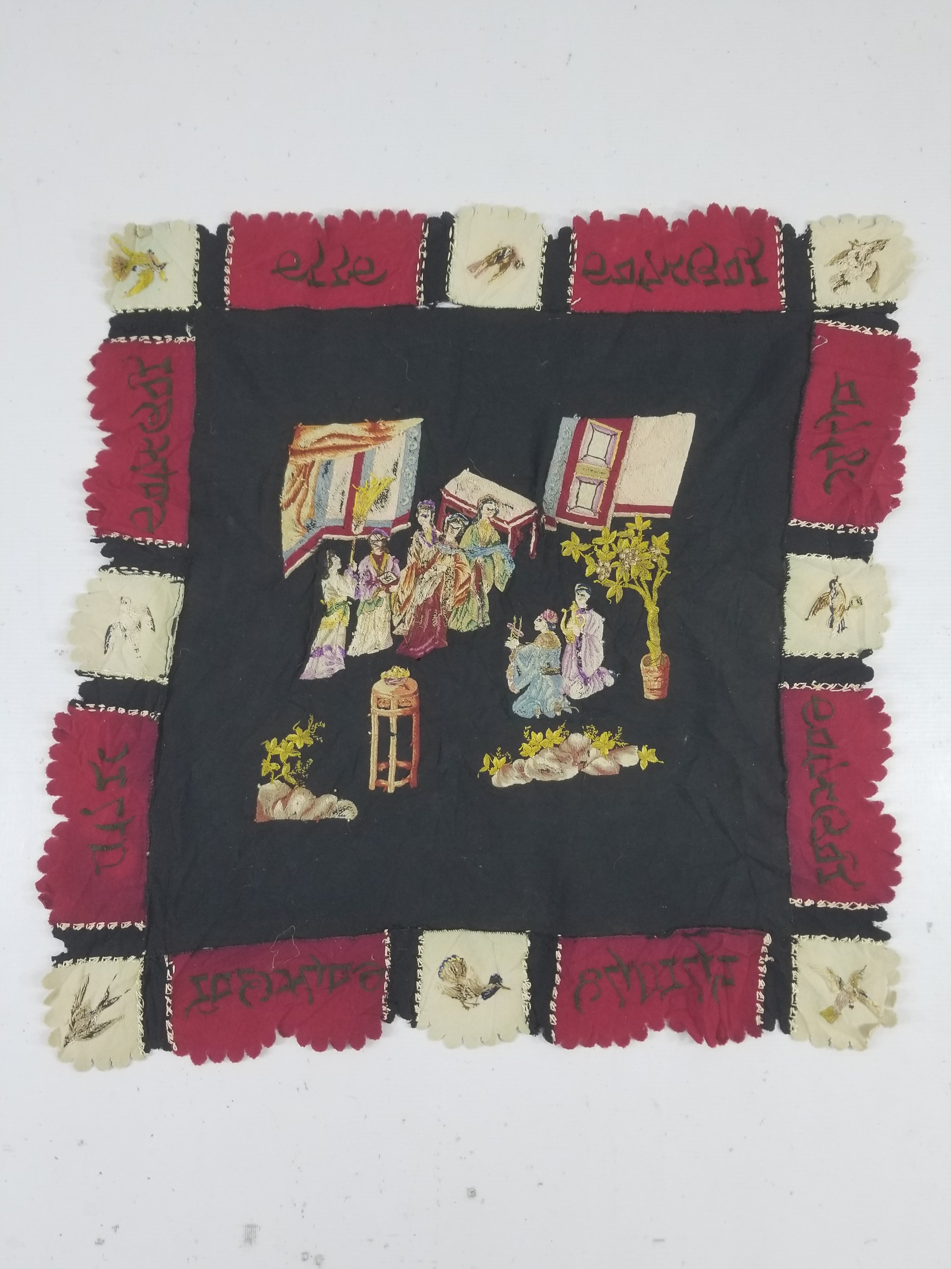 Antique Tibetan Embroidered Figural Scene Tapestry 63x63cm