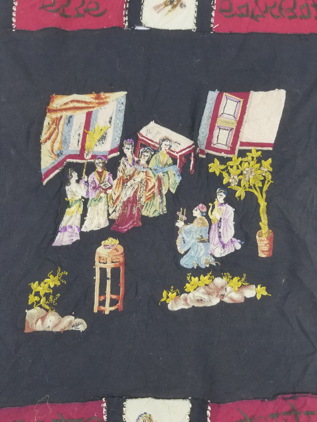 Antique Tibetan Embroidered Figural Scene Tapestry 63x63cm