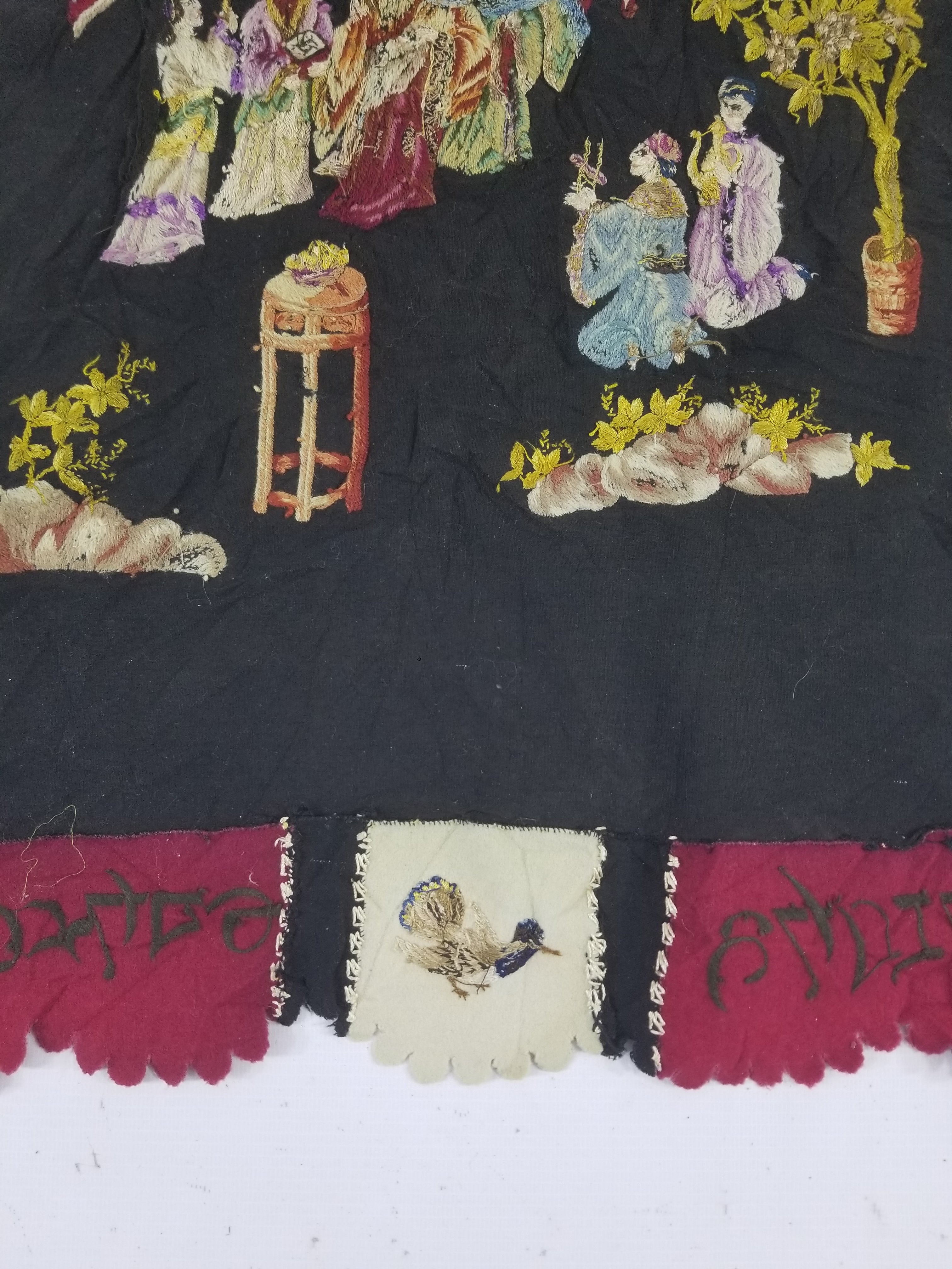 Antique Tibetan Embroidered Figural Scene Tapestry 63x63cm
